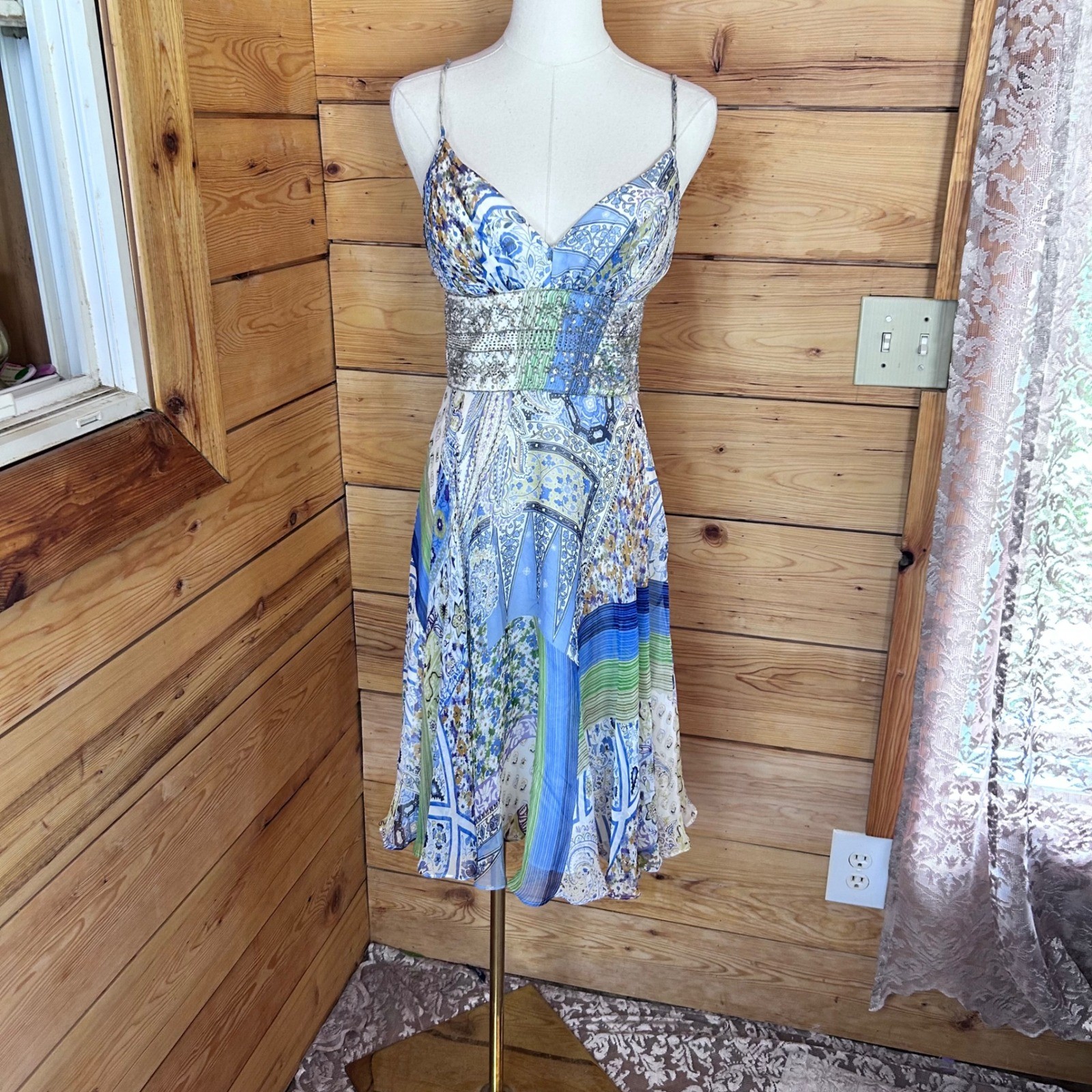 Vintage 100% Silk Paisley Patchwork Dress Size 4 Blue Handkerchief JS Collection