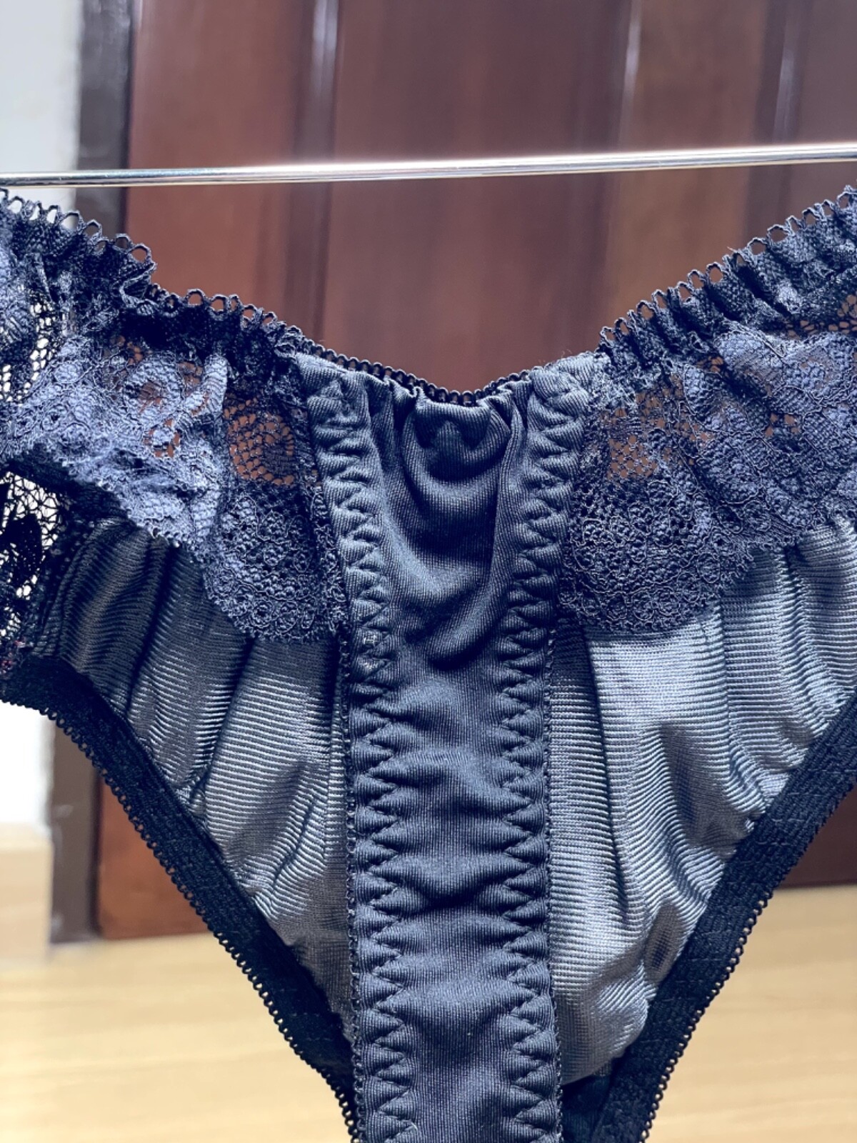 Vtg Deep Black Polyester Spandex String Panty Sz.5~6 Sheer Floral Lace Briefs
