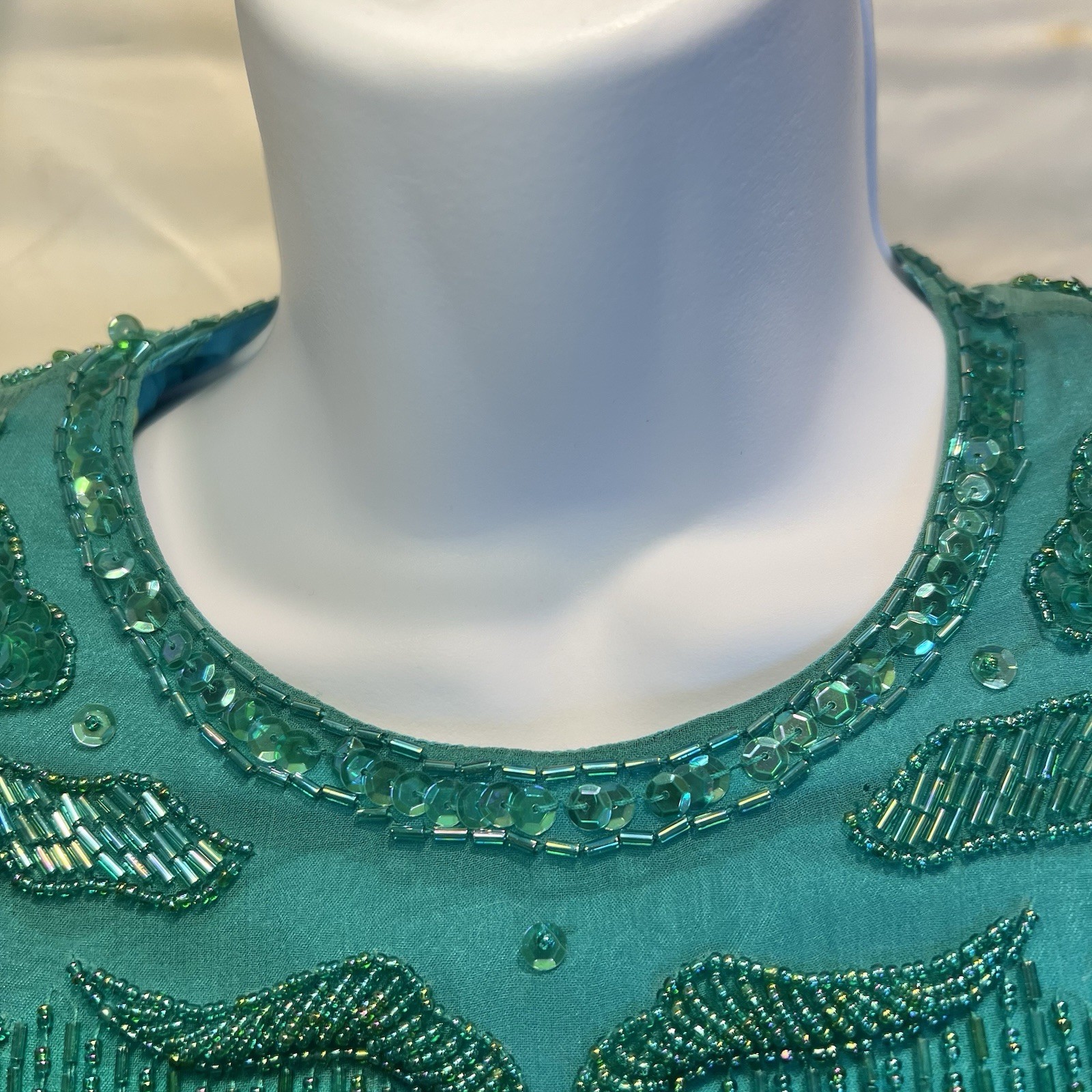 Vintge NADINE Boutique Medium Silk Hand Beaded Embellished Cocktail Dress Green