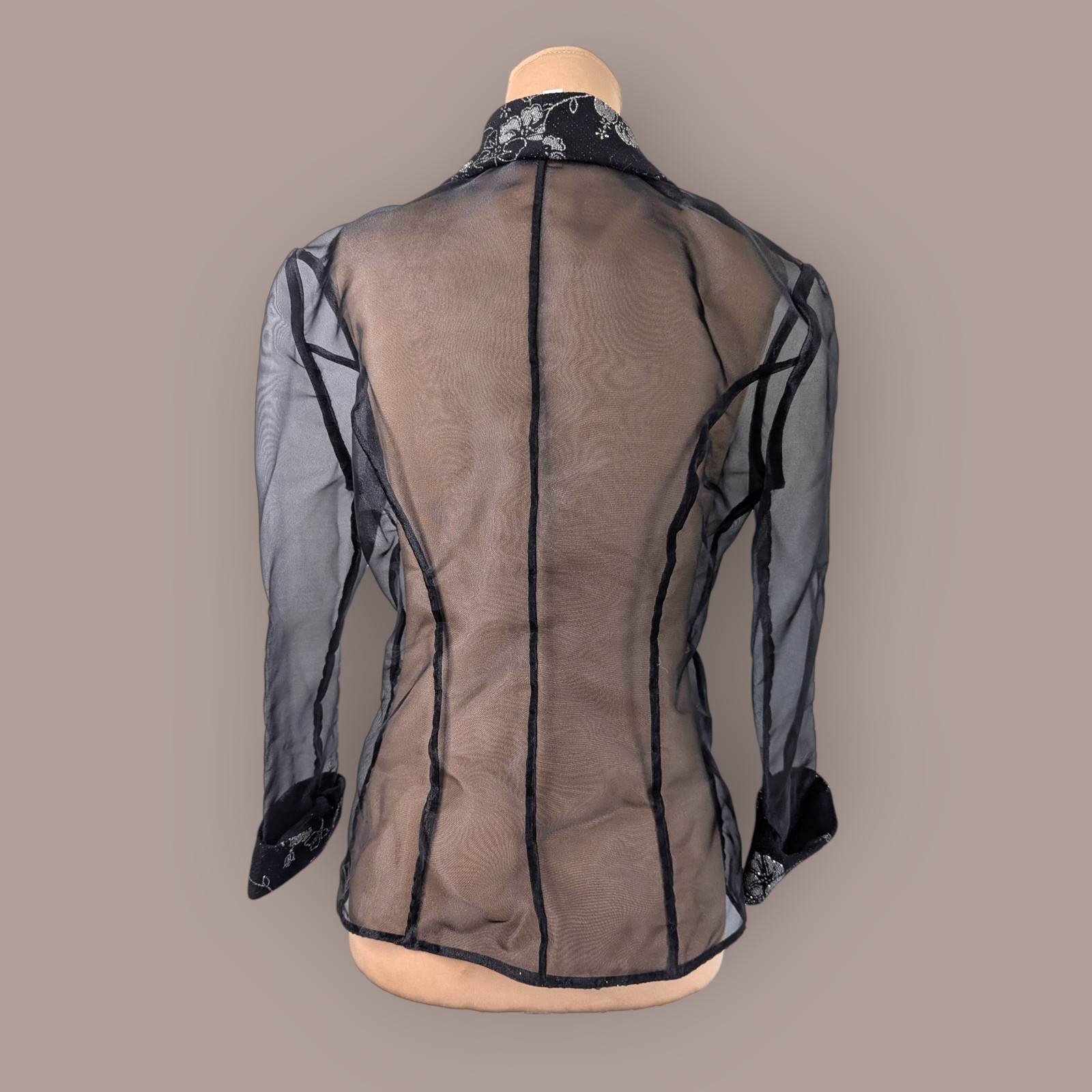Alex Evenings Sheer Black Floral Jacket Silver floral print Size Small