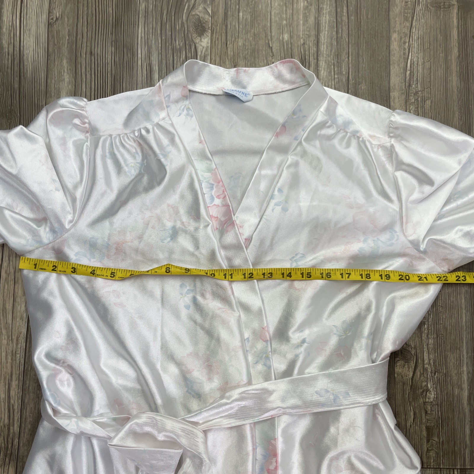 Vtg Lorraine White Satin Belted Long Robe Women&rsquo;s L Floral Print