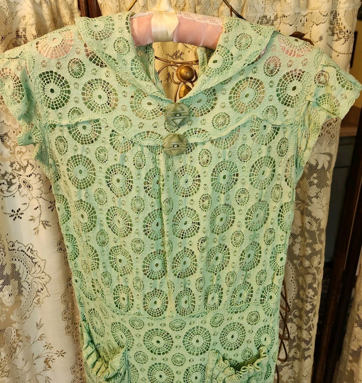 1930s Aqua Cotton Crochet Lace Dress with Cap Sleeves and Pockets XS