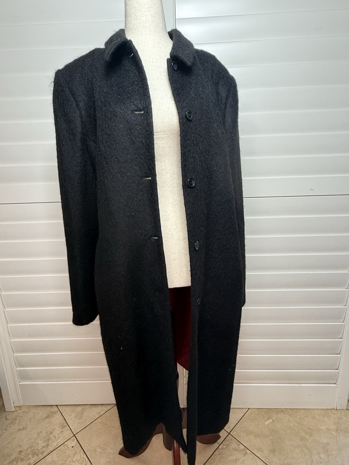 Vintage Amanda Smith Black Long Button-Front Wool/Alpaca/Mohair Trench Coat-14