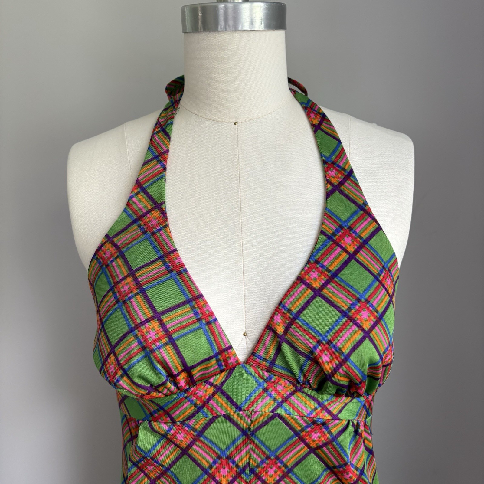 Vintage 1970’s Mod Halter style Argyle Plaid Print Maxi Dress Size XS