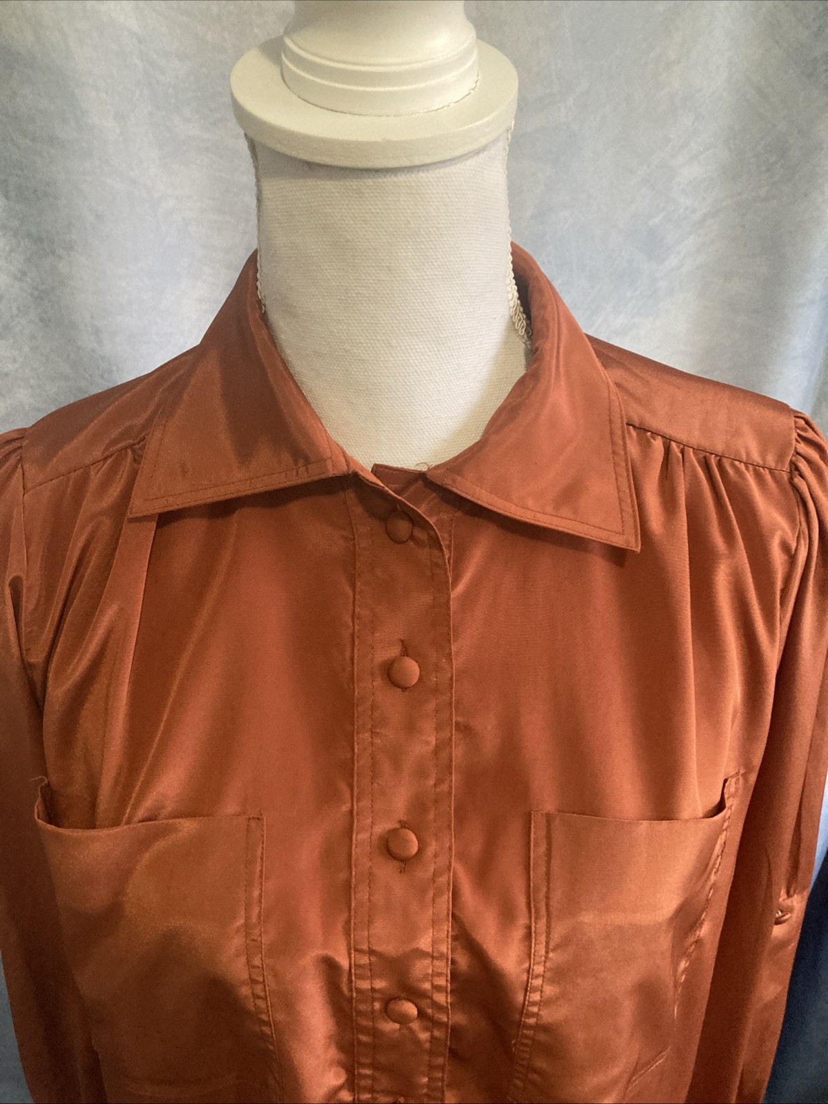 Vtg 80s Chaus Blouse Size 7/8 Fit Med Orange Rust Copper Secretary Top Retro EUC