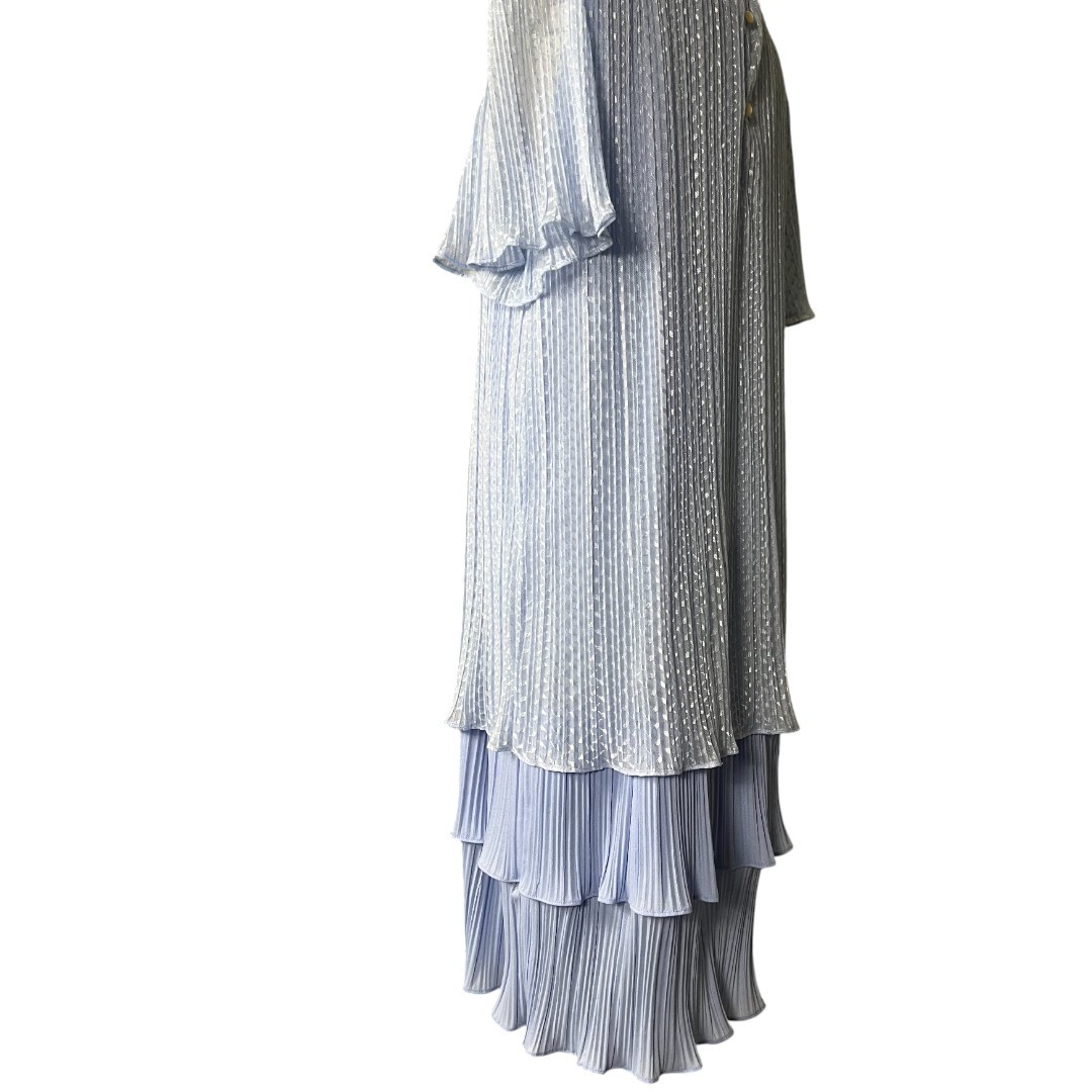 Vintage 80s Risa Ann Baby Blue Shimmer Pleated Tiered Dress S/M