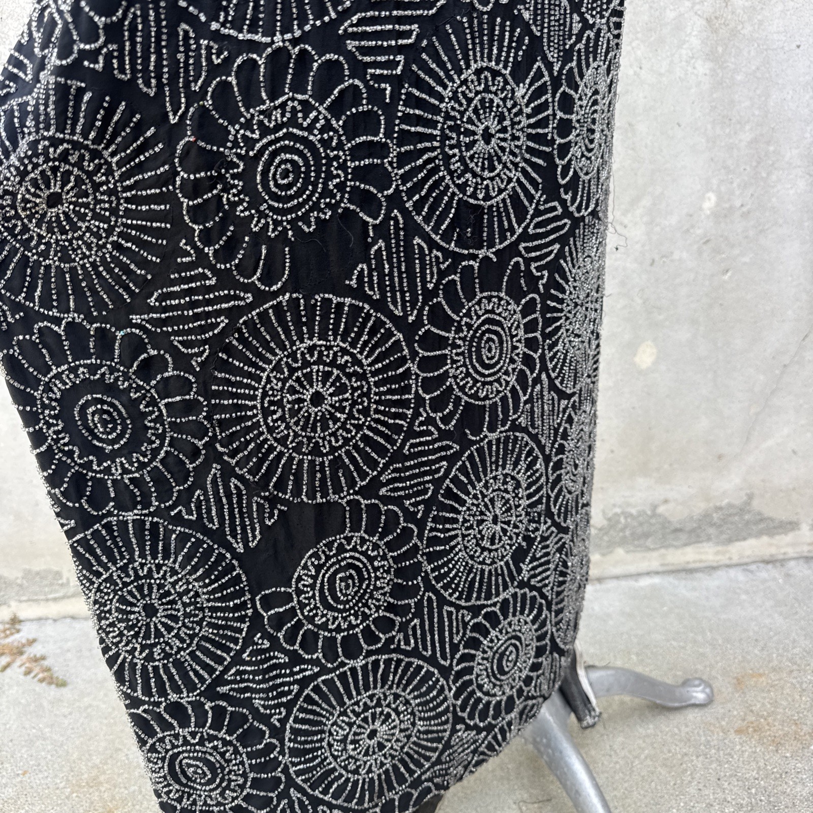 Antique 1920s Completely Beaded Flower Gown Silver Lamé Full Length Dress VTG