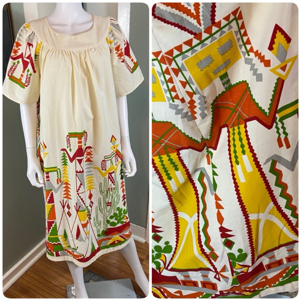 Vintage 70s Handmade Novelty Kachina Doll Southwest Midi Caftan House Dress M/L