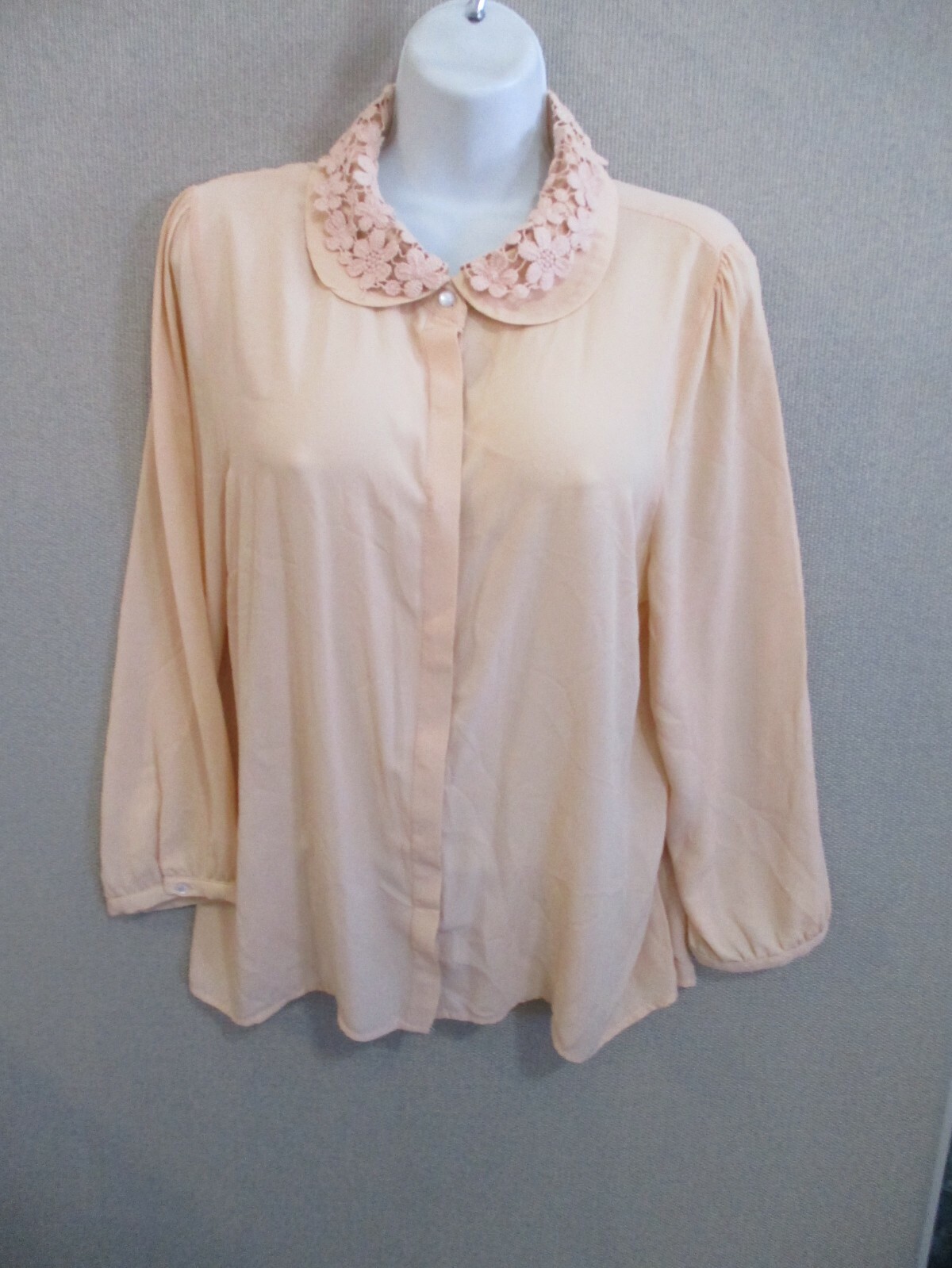 VTG 80&rsquo;s Sans Souci Blouse Size XL Sheer Peach Lace Peter Pan Double Collar Dres