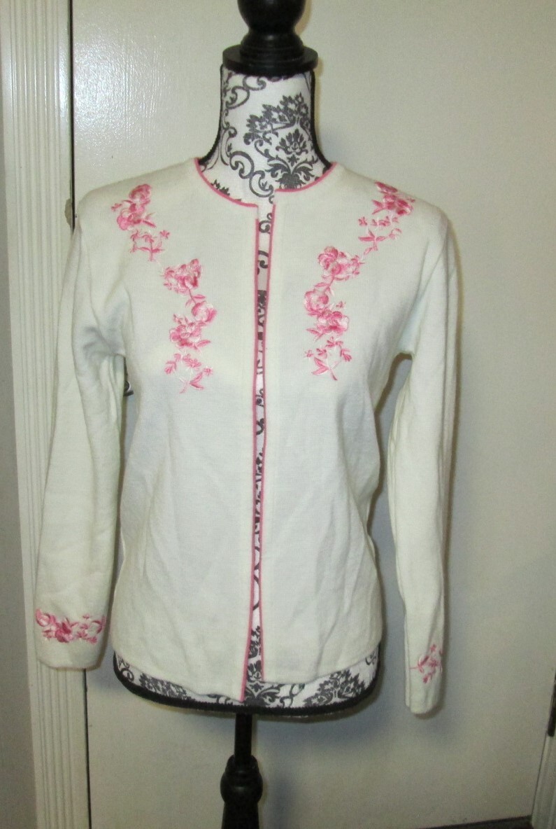 vintage embroidered Ashley sweater size medium white with pink flowers