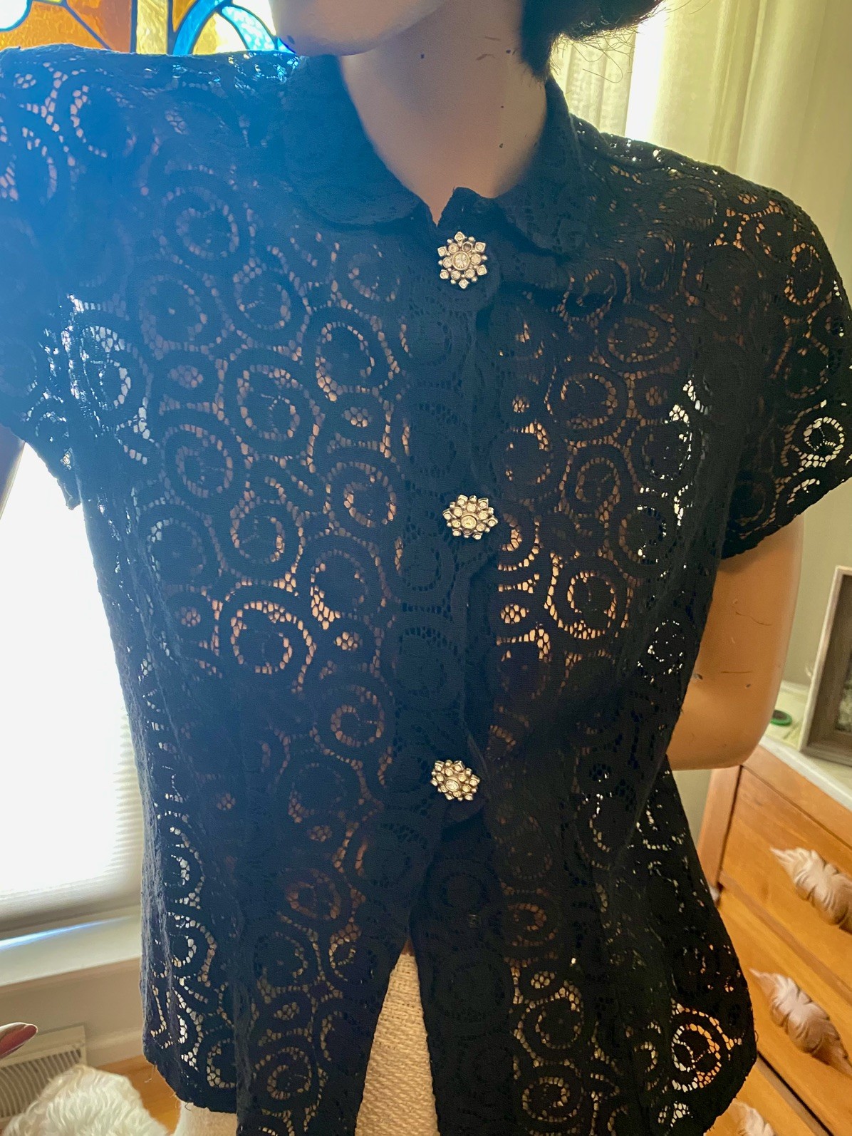 Vintage 50s black cotton lace button up blouse rhinestone buttons 36” bust