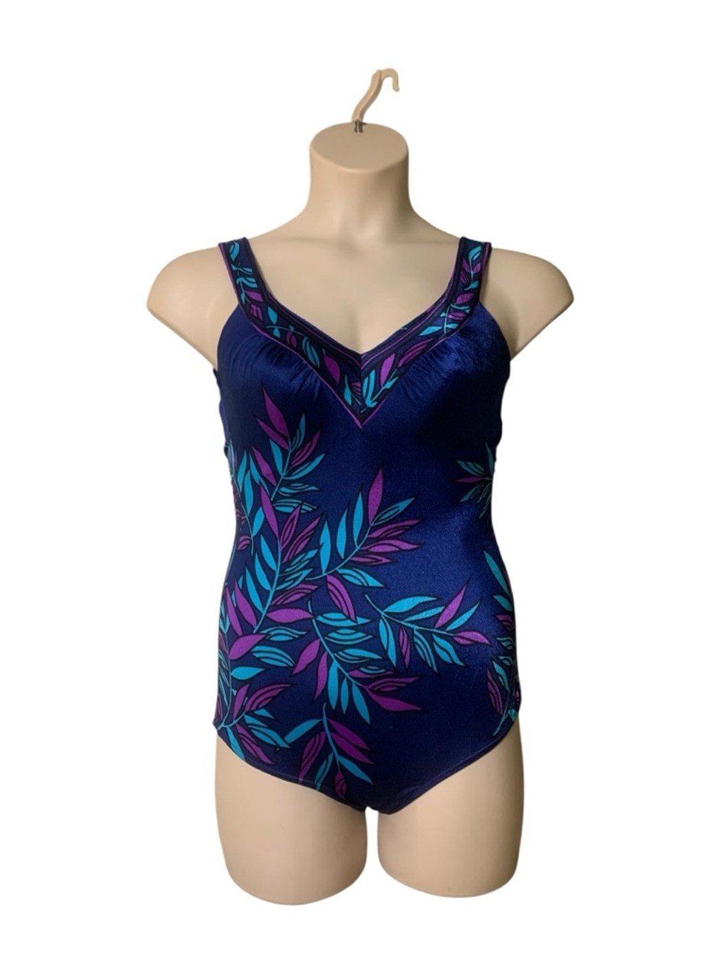 Vntg 70’s Maxine of Hollywood Blue Purple Leaf One Piece Swimsuit Size 12