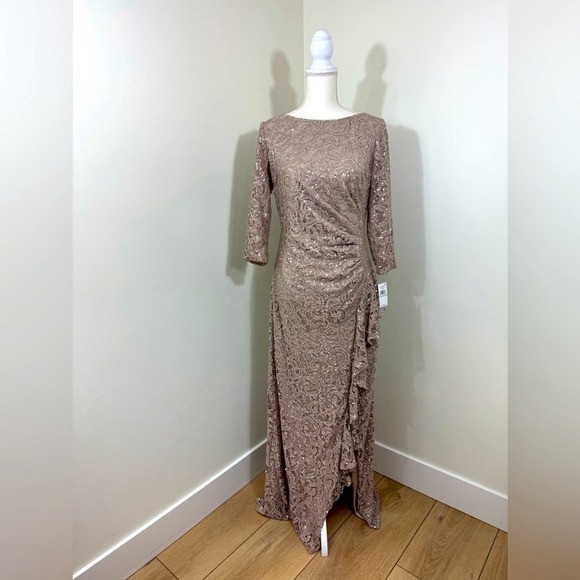 Alex Evenings Sequin Lace Gown 3/4 Sleeves Cascade Detail Front Slit Size 8 NEW