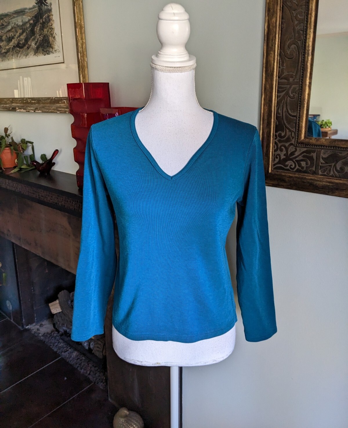 Vintage 90s/Y2K Jones Wear Sport Teal V-Neck Cropped Top Women&rsquo;s Medium