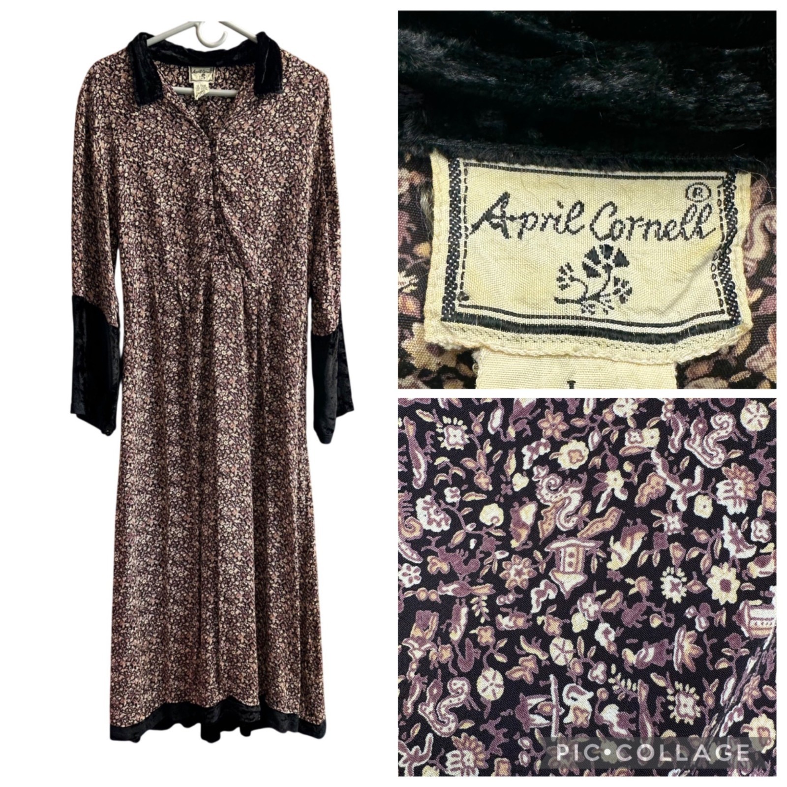 April Cornell Vintage Dress Sz L Dark Ditsy Velvet Trim Witchy Cottagecore 90s