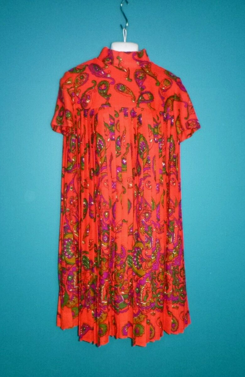 Vtg 60s Junior Accent/Frank Adams Wool Pleated Dress Red Fuchsia MOD Paisley Med