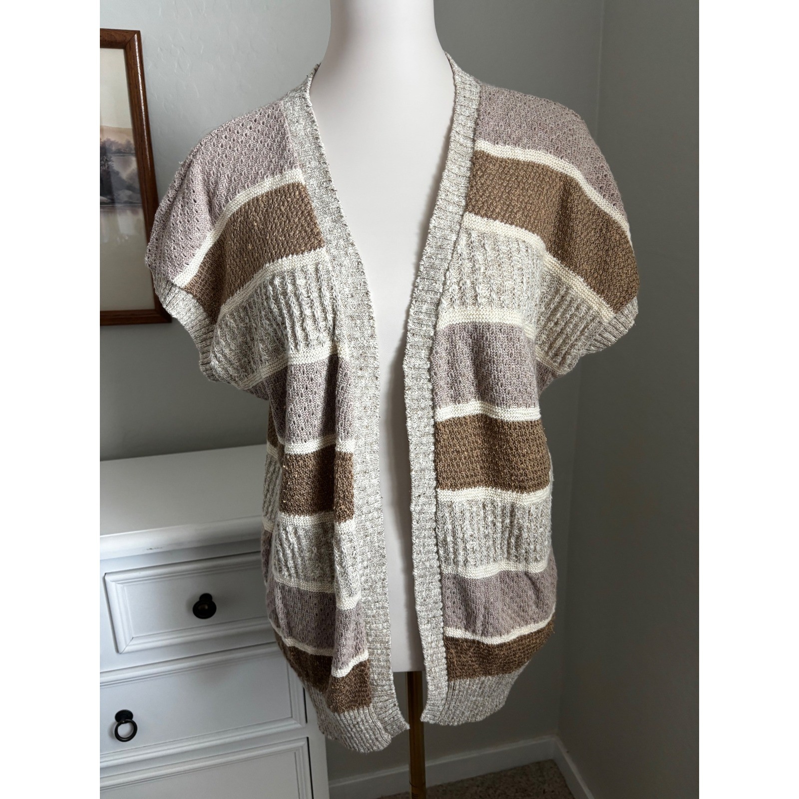 Vintage Diane von Furstenberg Striped Knit Cardigan Short Sleeve Brown Medium