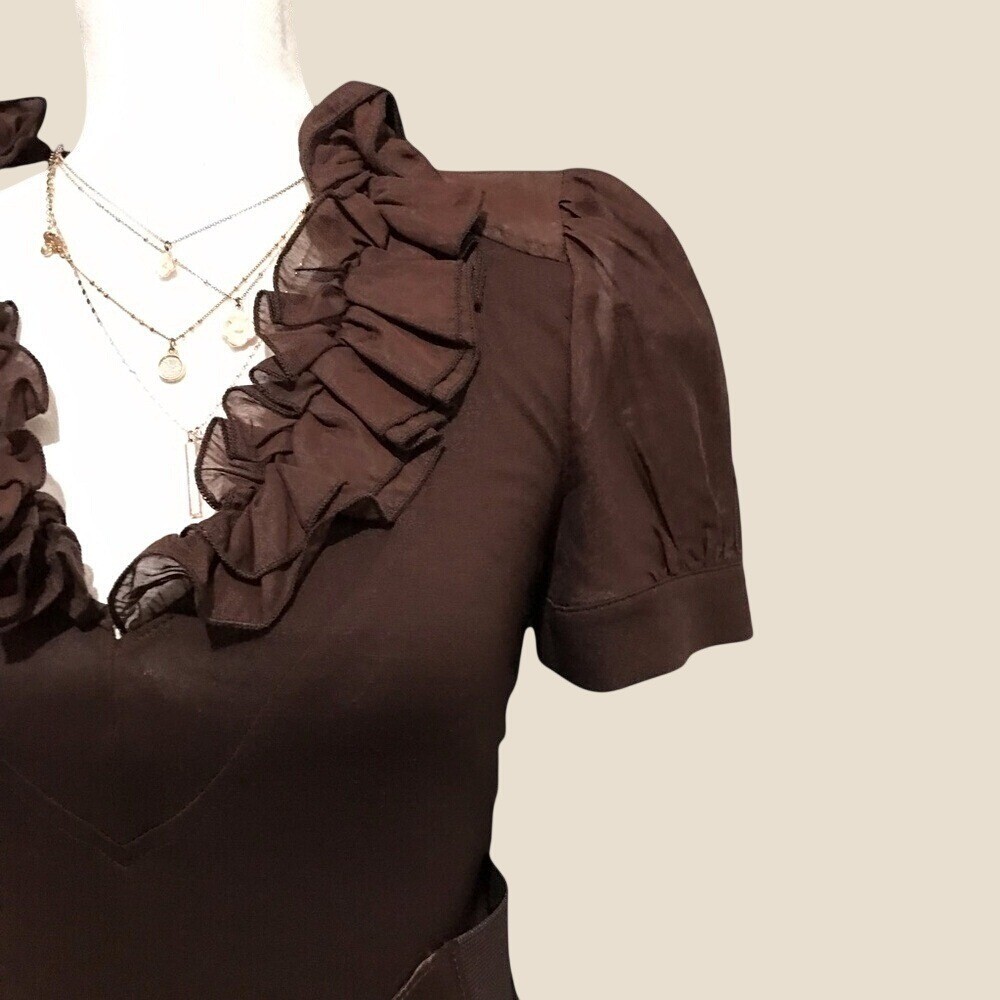 Bebe Vintage Y2k Chocolate Brown Ruffle V-Neck Belted Bodycon Midi Dress