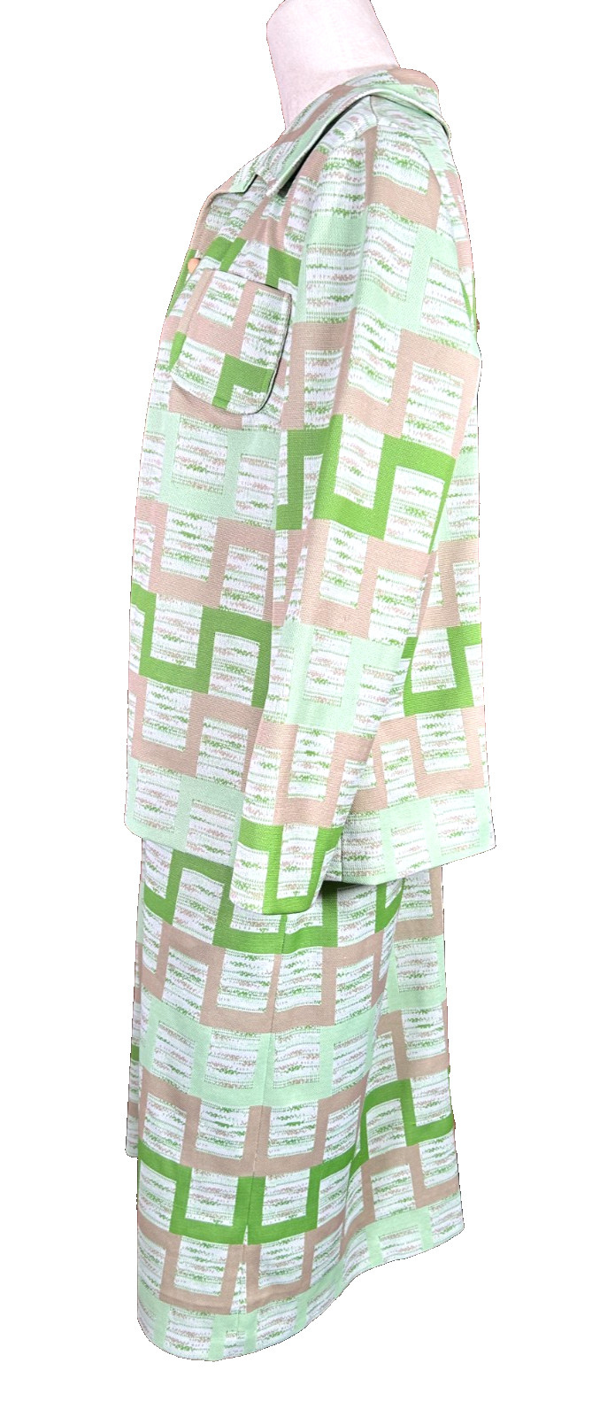Vtg 70s Handmade Geometric Matching 2-Pc Knit Dress Jacket Dagger Secretary Suit