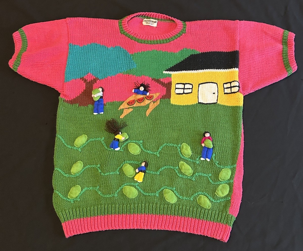 VTG 80&rsquo;s PICKING WATERMELON HANDMADE PERUVIAN EMBELLISHED NOVELTY SWEATER S-LG