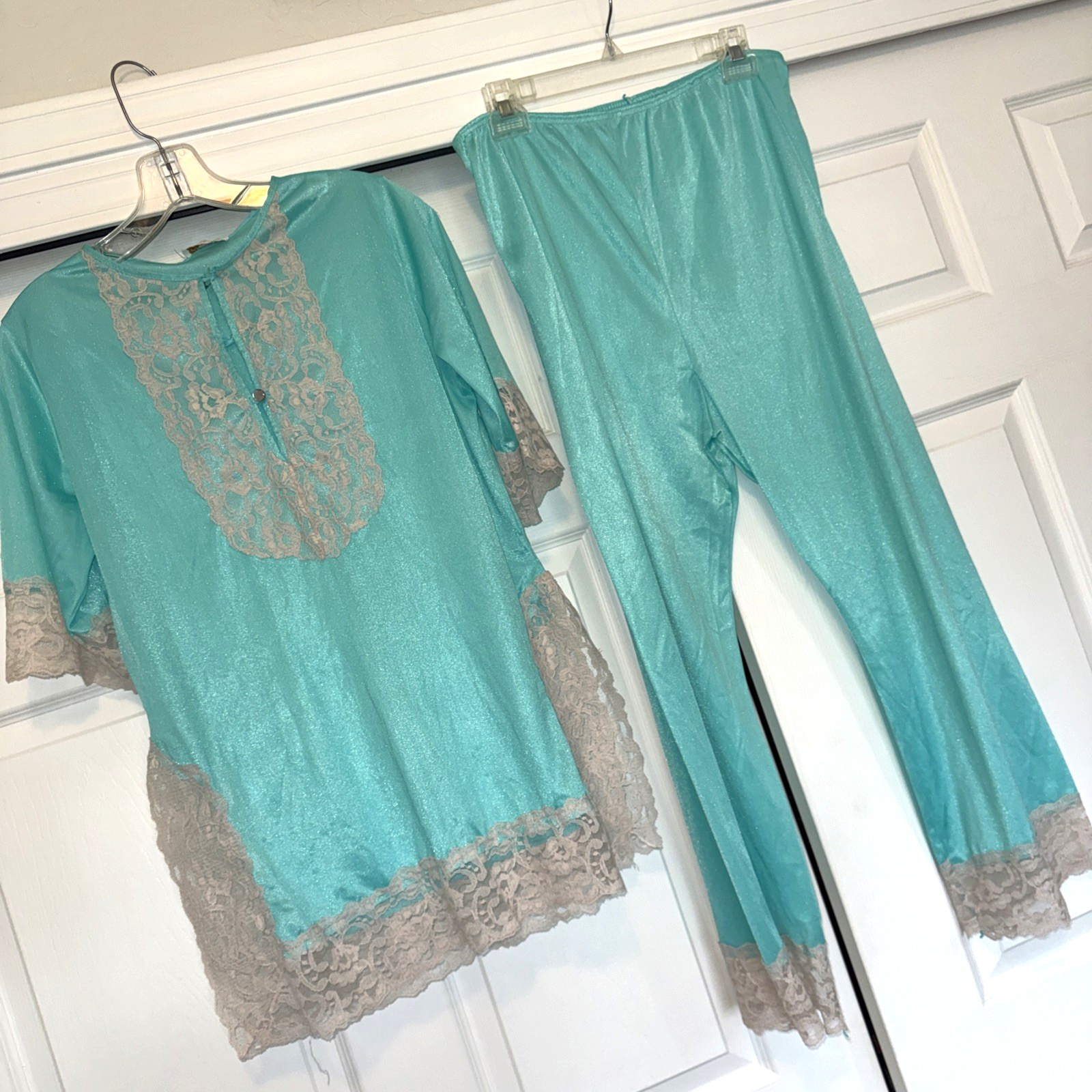 ERICA LOREN Vtg 1970s NYLON Pajama Set AQUA Blue Lace Trim SMALL Boho