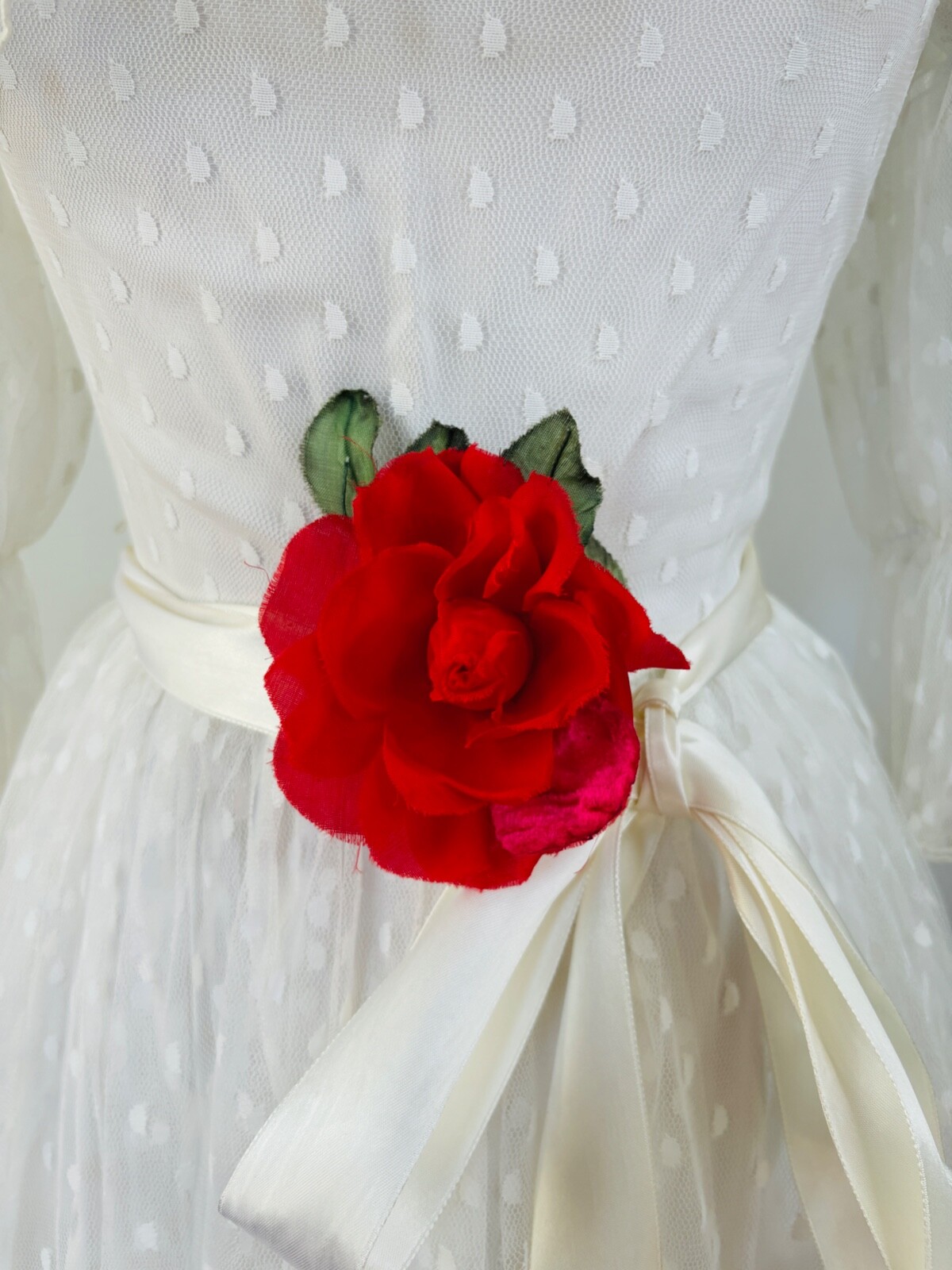 VTG 80s WHITE POLKA DOT TULLE RUFFLE BOW COQUETTE WHITE GOWN PRINCESS DRESS*XS/S