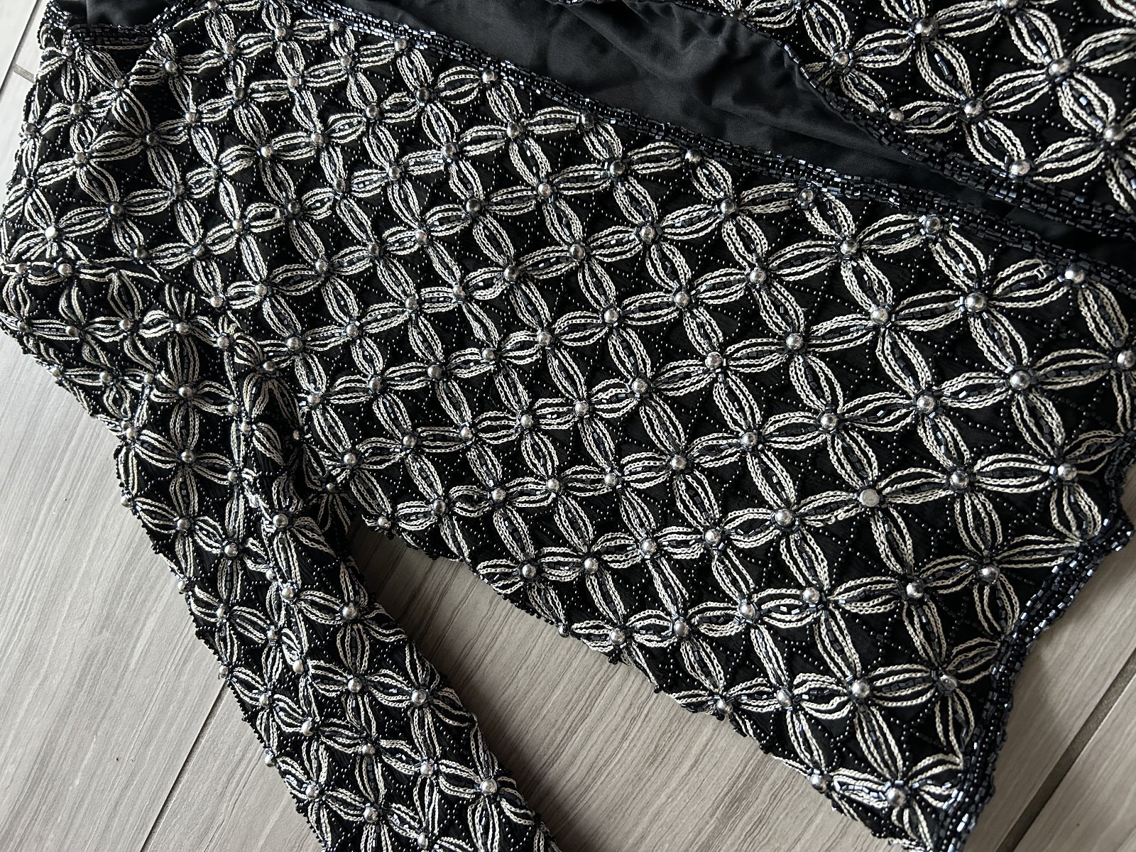 Vintage Beaded Evening Jacket Black Silver Silk Papell Boutique 60s Real Silk