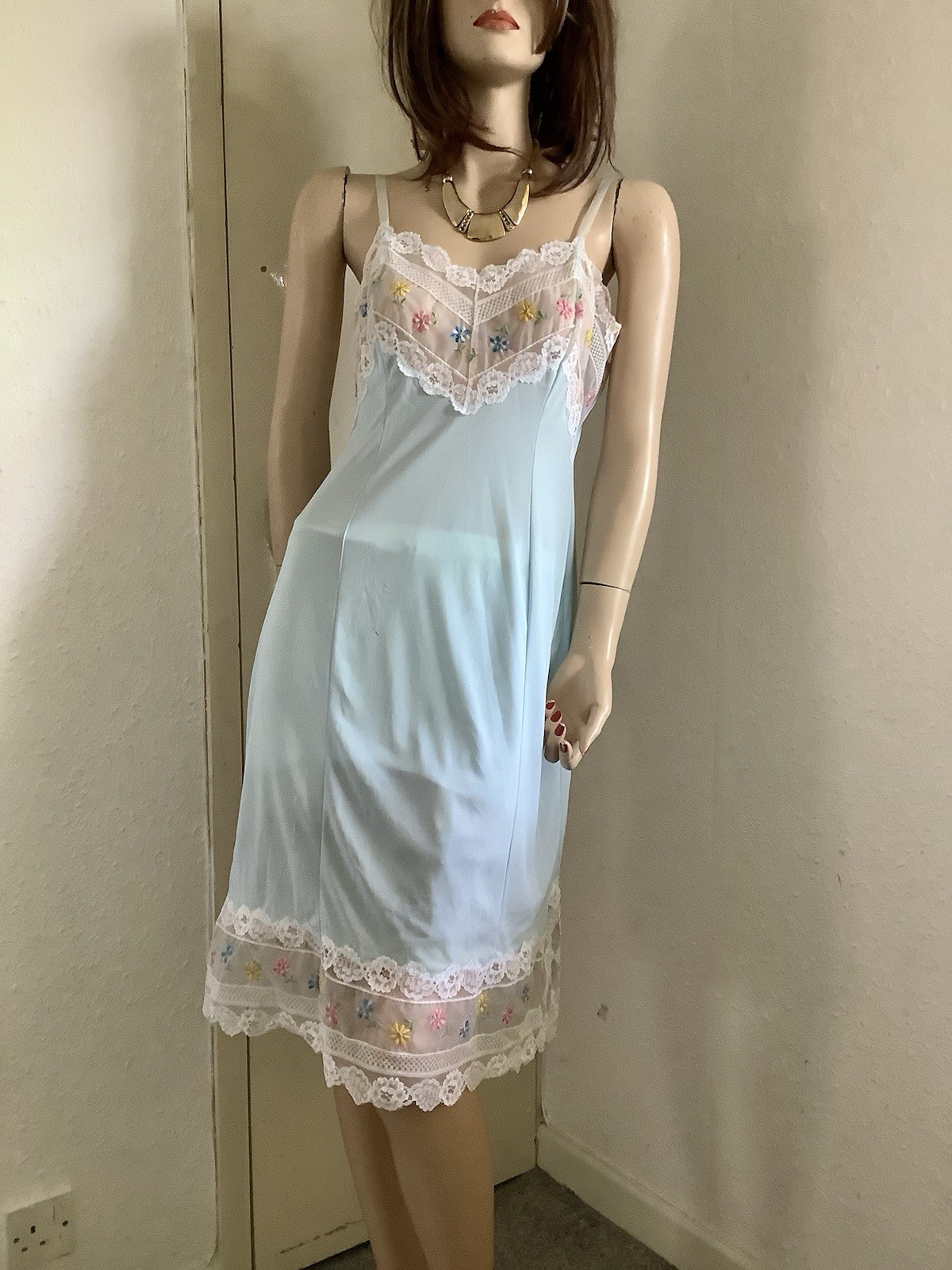 Vtg Mint Sheer Perlon Nylon Deep MultColoured Lace Full Slip Petticoat 14 (EU 42