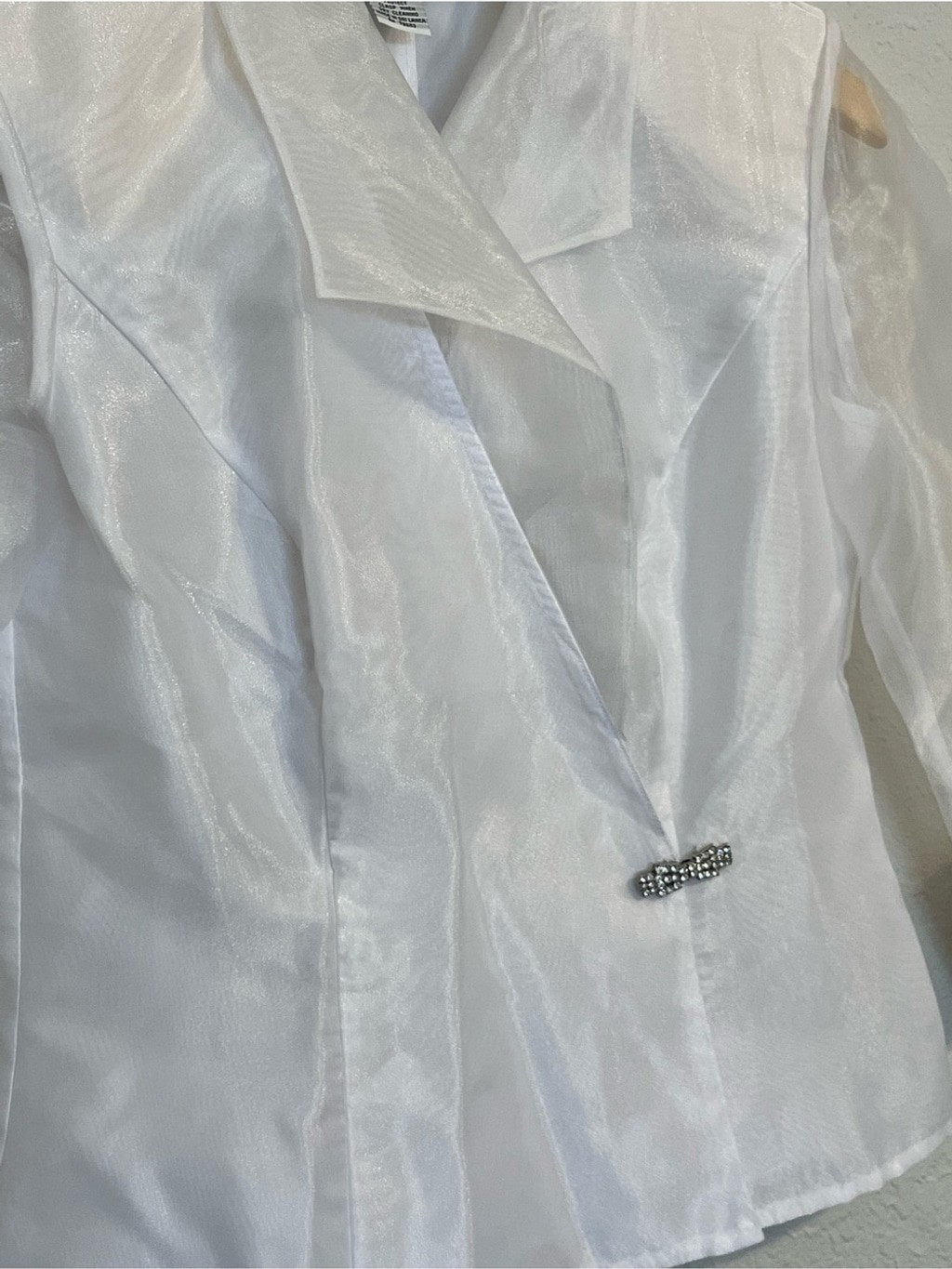 Alex Evenings White Sheer Organza Jacket Asymmetrical Rhinestone Clasp M Y2K