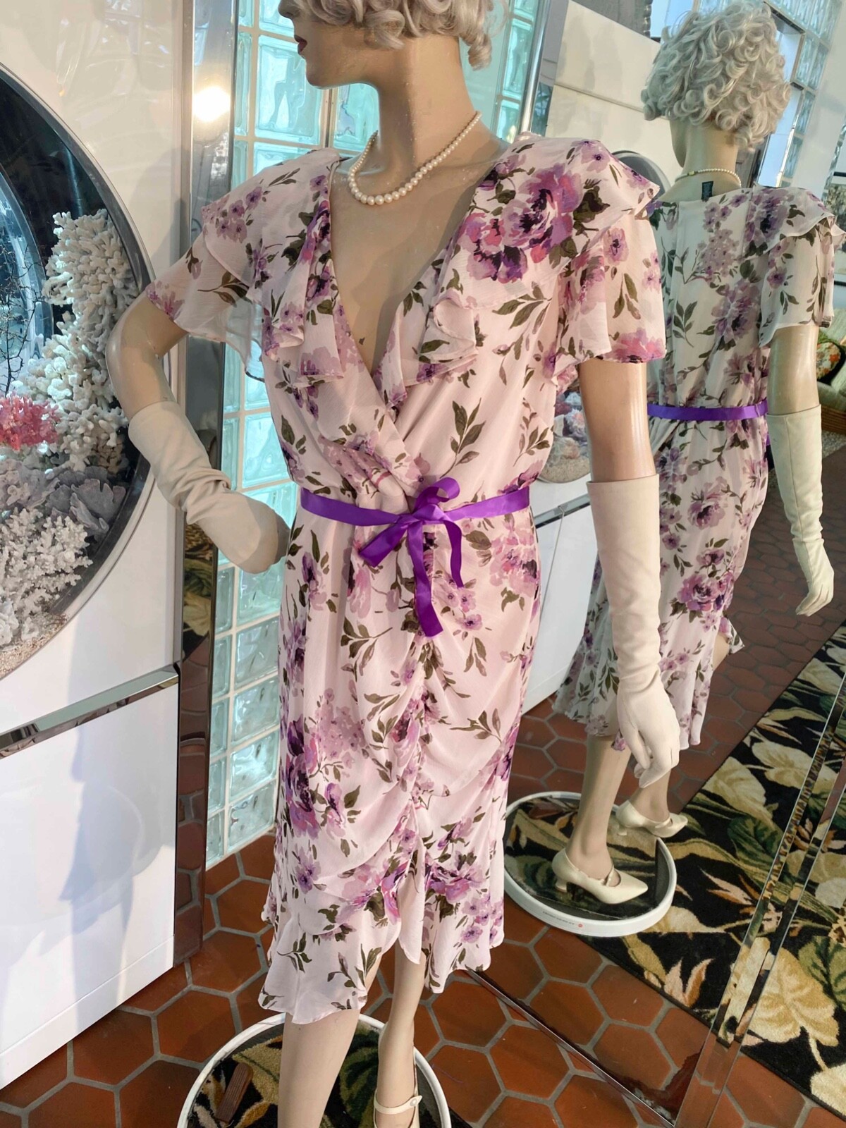 VTG Multicolor Floral Flapper Gatsby ribbon belt Dress 14P R & M Richard
