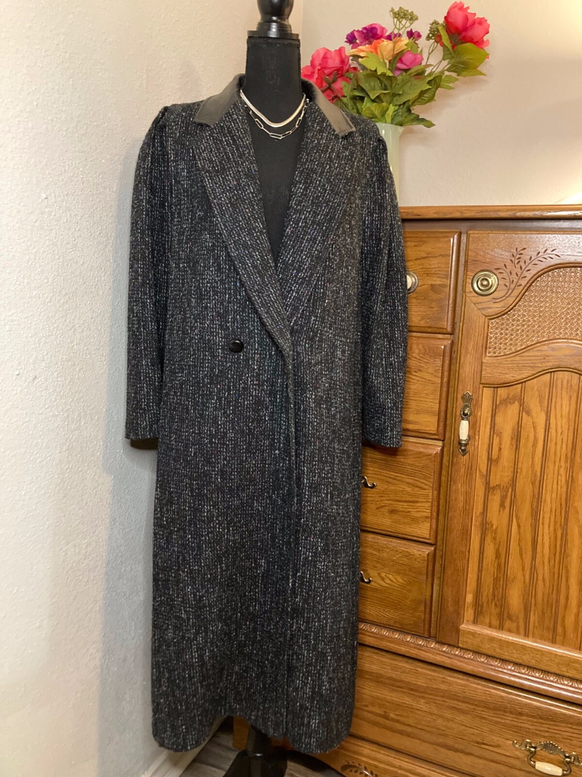 BBI Black Women&rsquo;s Vintage Textured Tweed Wool Overcoat w/ Leather Trim L XL 