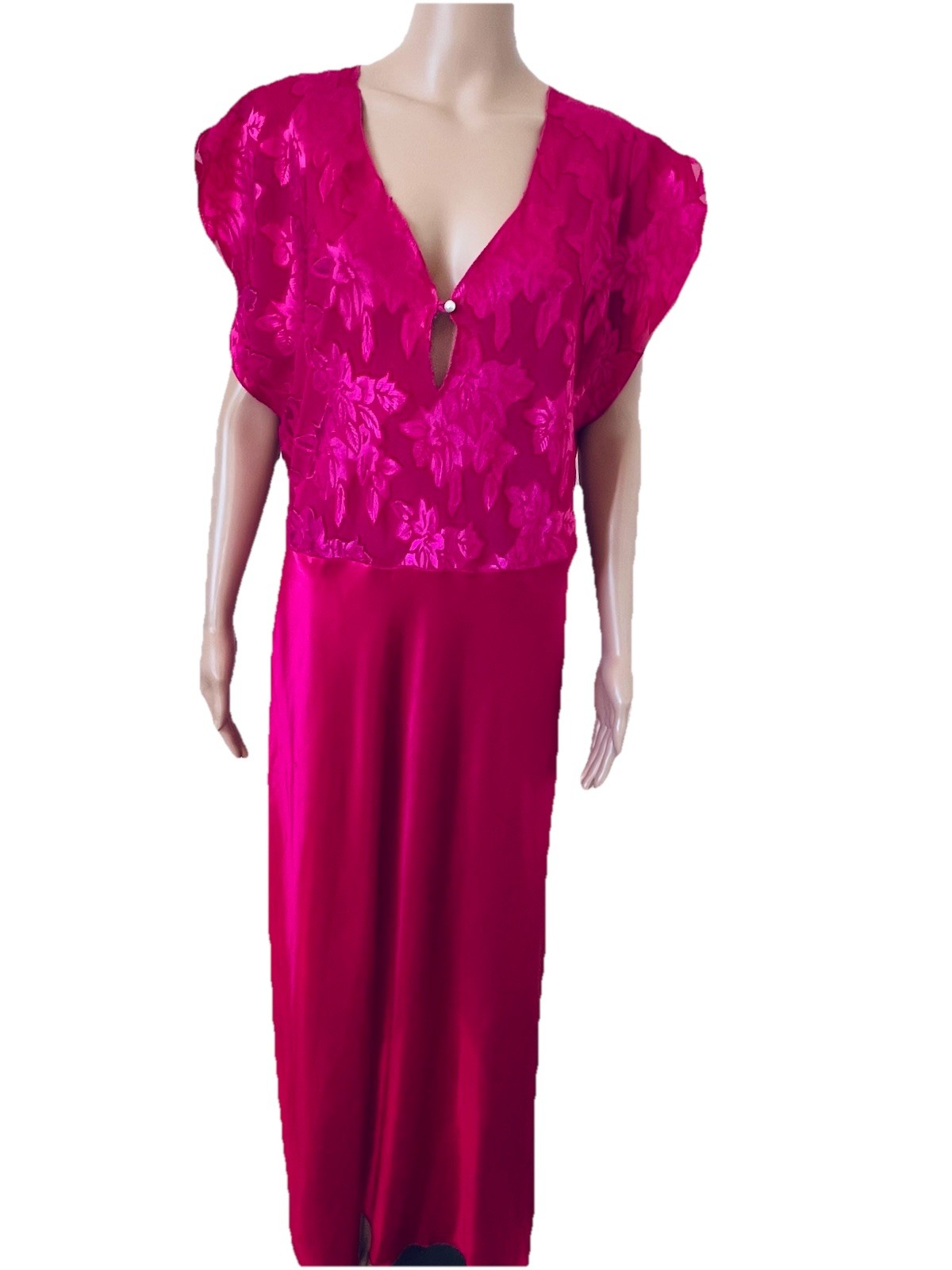 VTG Jenelle of California Fuchsia Hot Pink Floral Satin Long Nightgown Plus 1X