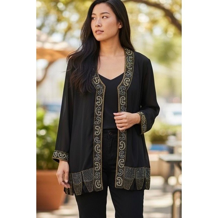 Midnight Velvet Beaded Cardigan Womens 3X Black Gold Sheer Evening Jacket
