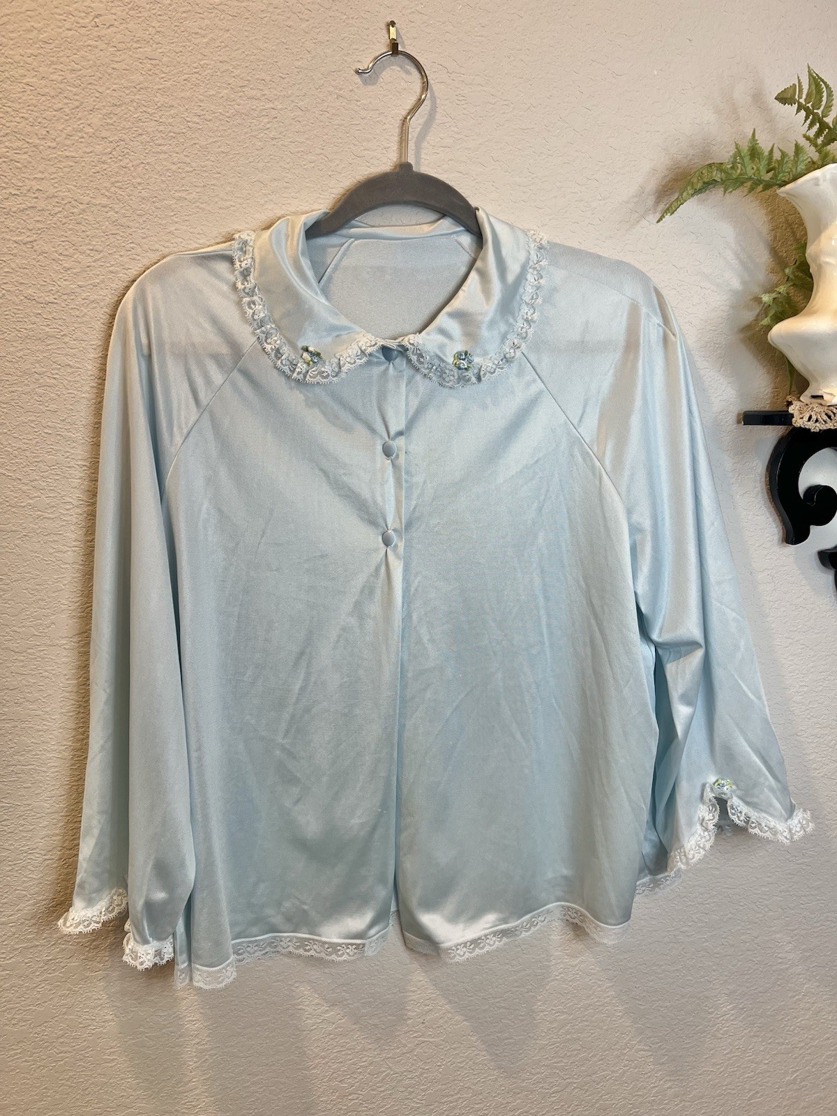 Pinehurst Lingerie Vintage Baby Blue PeterPan Collar Nylon Slip Nighty Blouse M
