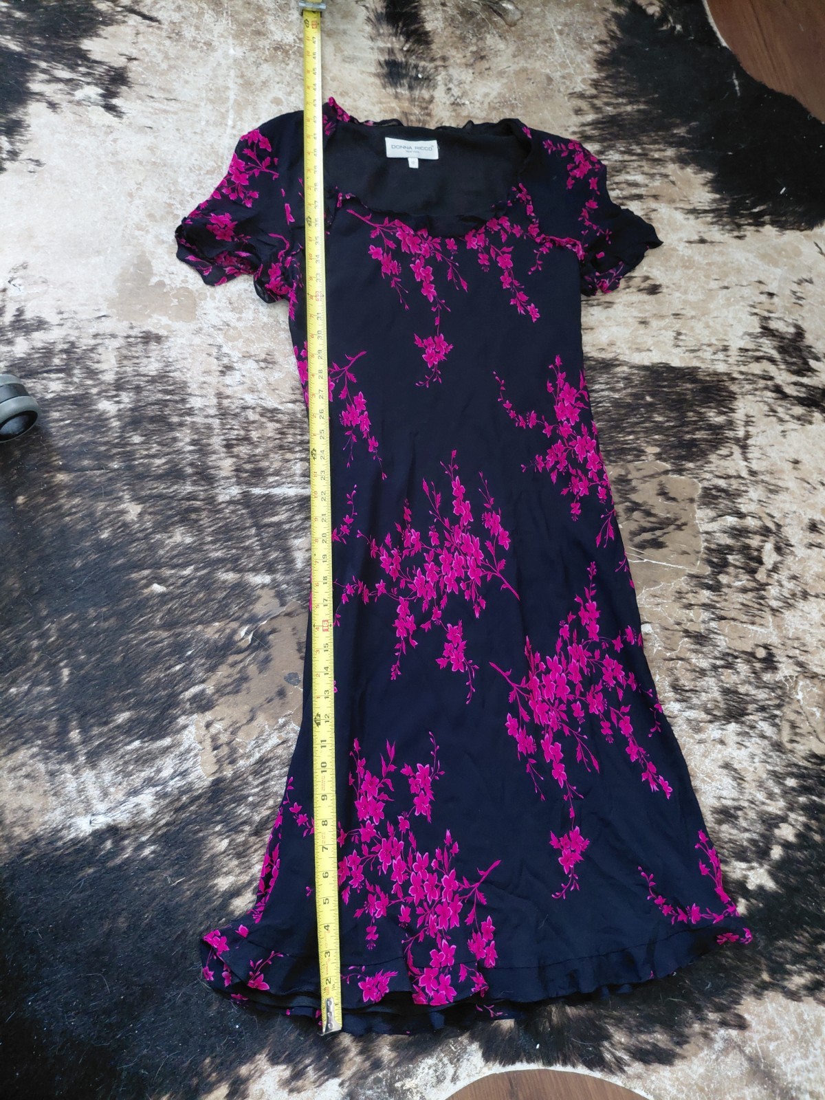 Vintage 90s Black Dress Pink Florals Rouged Sleeves Crinkle Hemlines Size 12