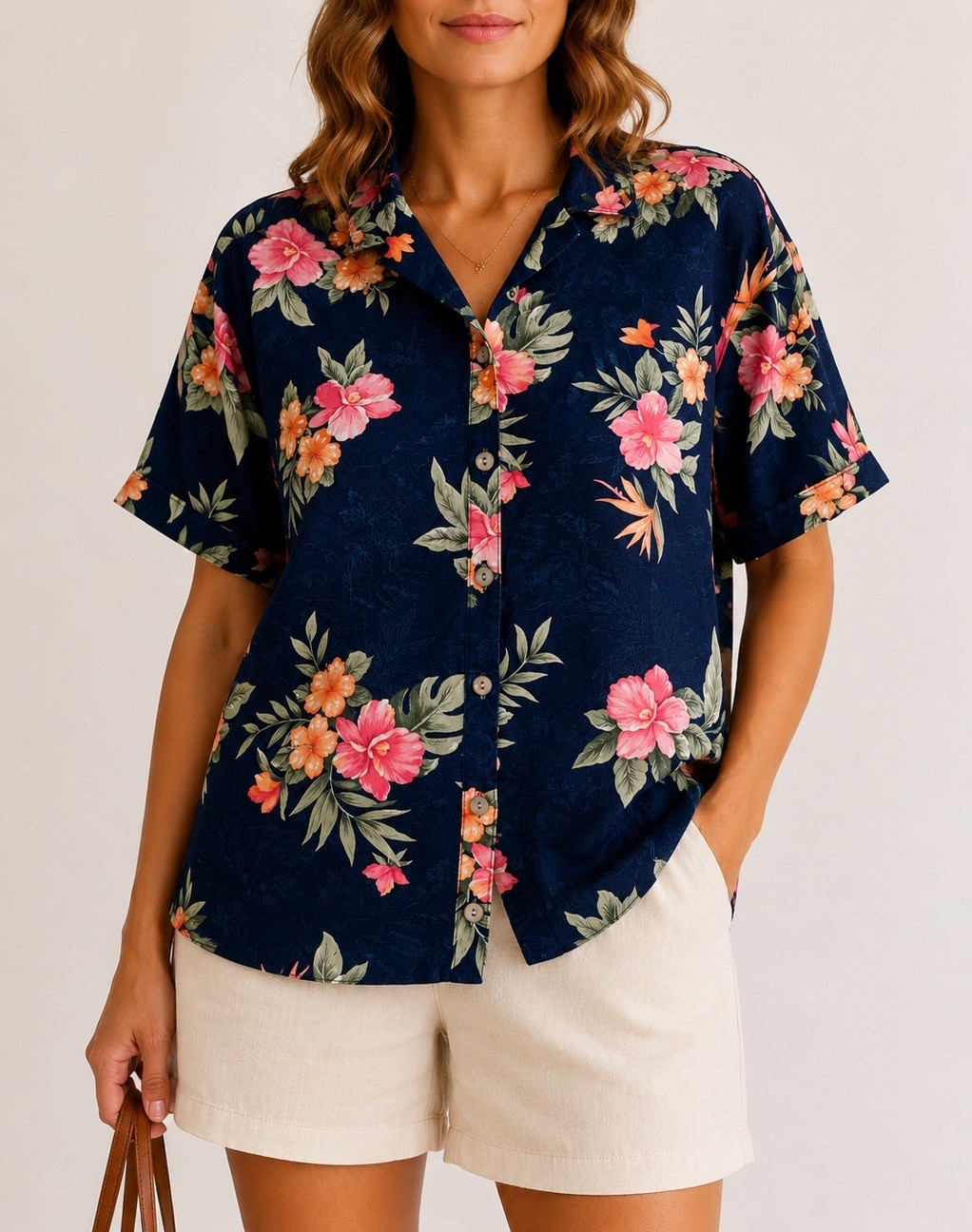 VTG 90s Jamaica Bay Women L Hawaiian Shirt Blue Tropical Floral Rayon Button Up