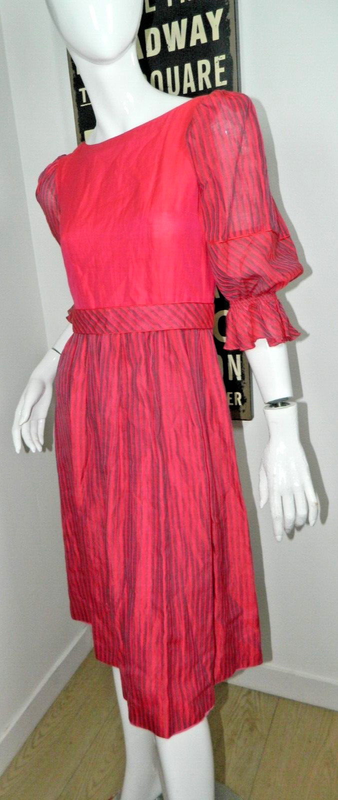Hardy Amies Dress Size Small Vintage 1950’s Pink Stripes Puffy Sleeves Belted