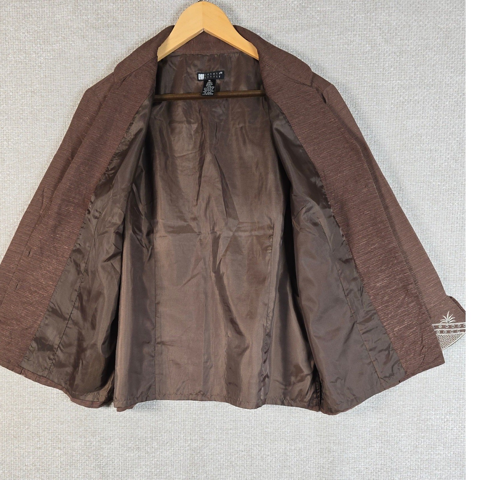 VTG Carole Little Silk Jacket XL Brown Beaded Embroidered Boho Art to Wear Lined