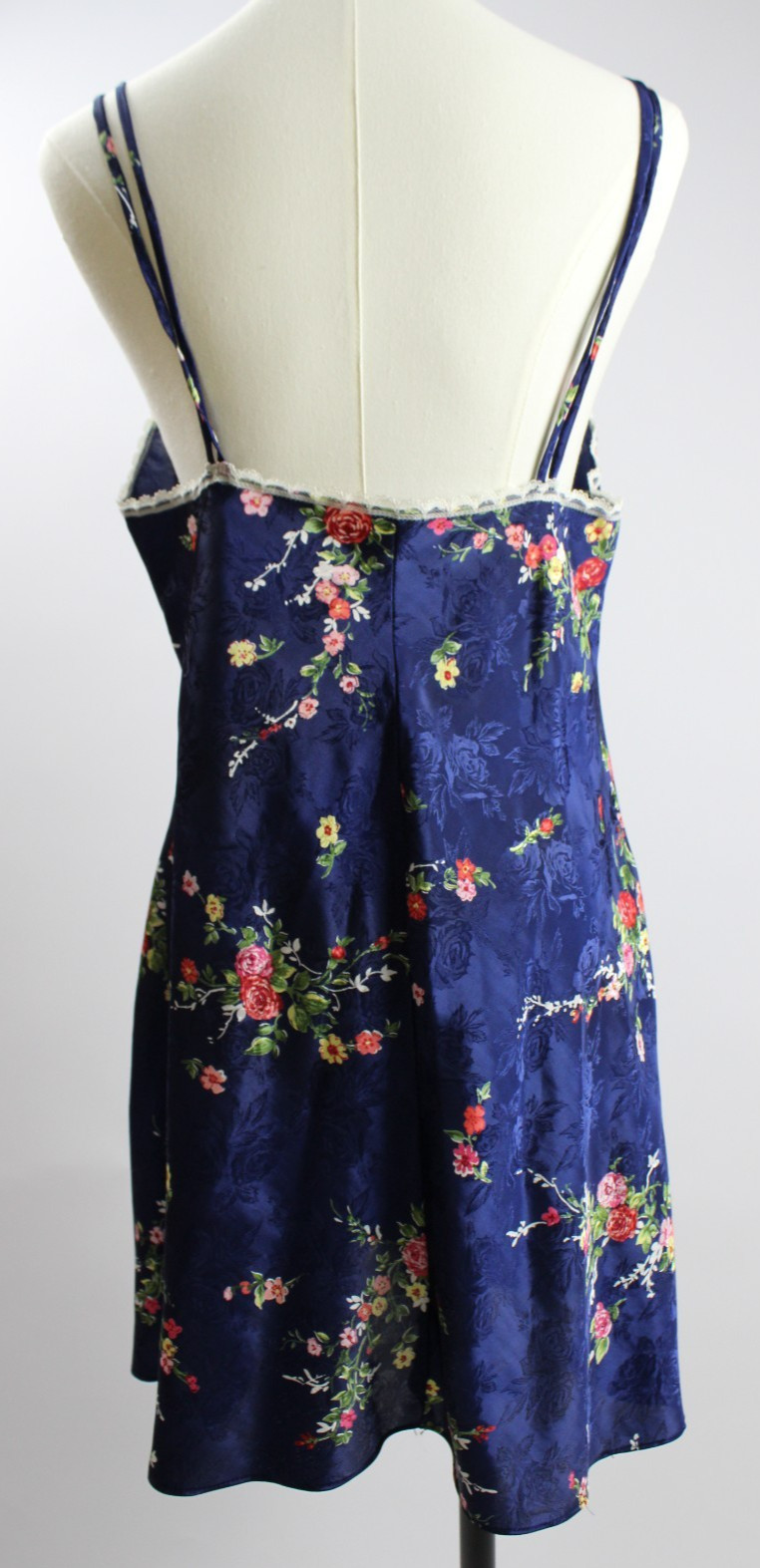 Vintage Inner Most Blue Short Nightgown – Sz M Floral Satin, Lace Trim