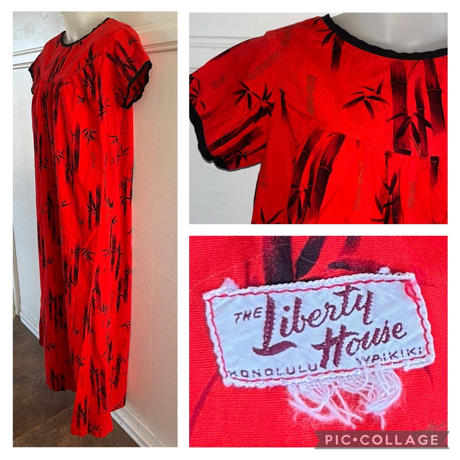 RARE 1950&rsquo;s The LIBERTY HOUSE Red Black Asian Bamboo Hawaiian Dress Mumu Kaftan