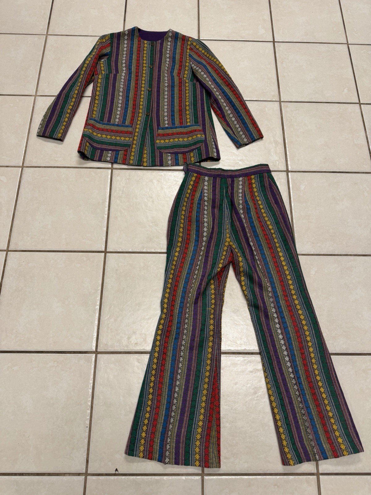 RARE Vintage 60s 70s Handmade Pant Suit Bright Colorful Women’s S/M Retro