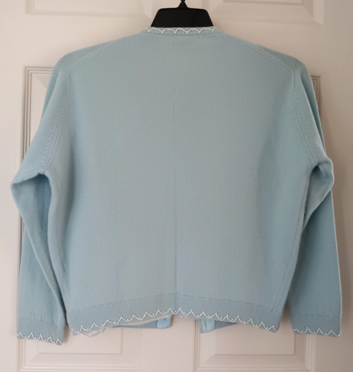 Vintage Moores Cashmere Cardigan Beaded Embroidered Powder Blue Pearl Trim Sweat