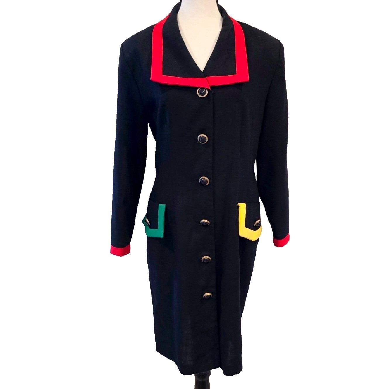 Vintage 1990s Chel&rsquo;sea Ltd Blazer Dress Womens 14P Petite Color Block Black Midi