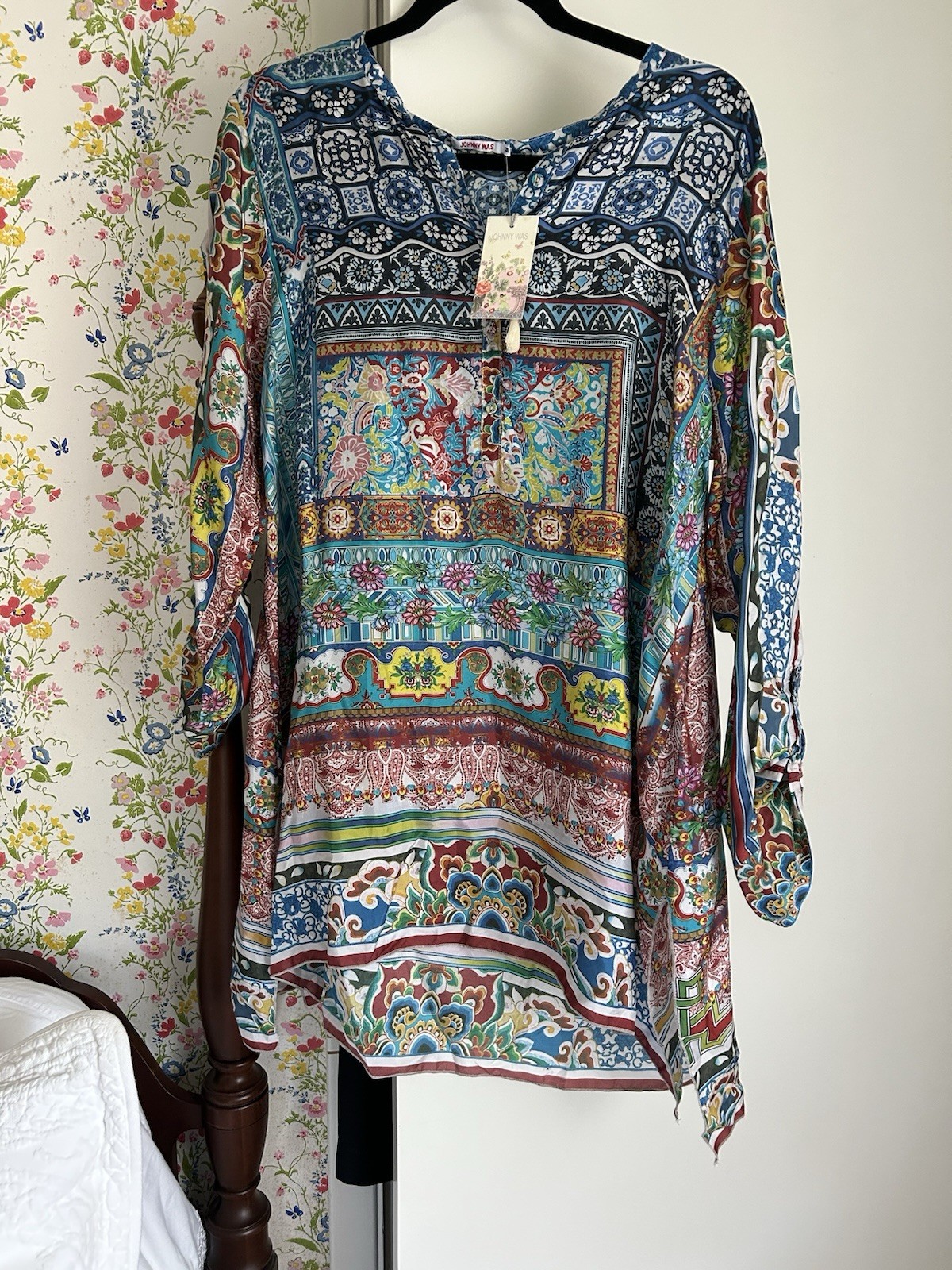 New! Johnny Was Silk Frame Tunic Multicolor Patchwork Boho Blouse Medium