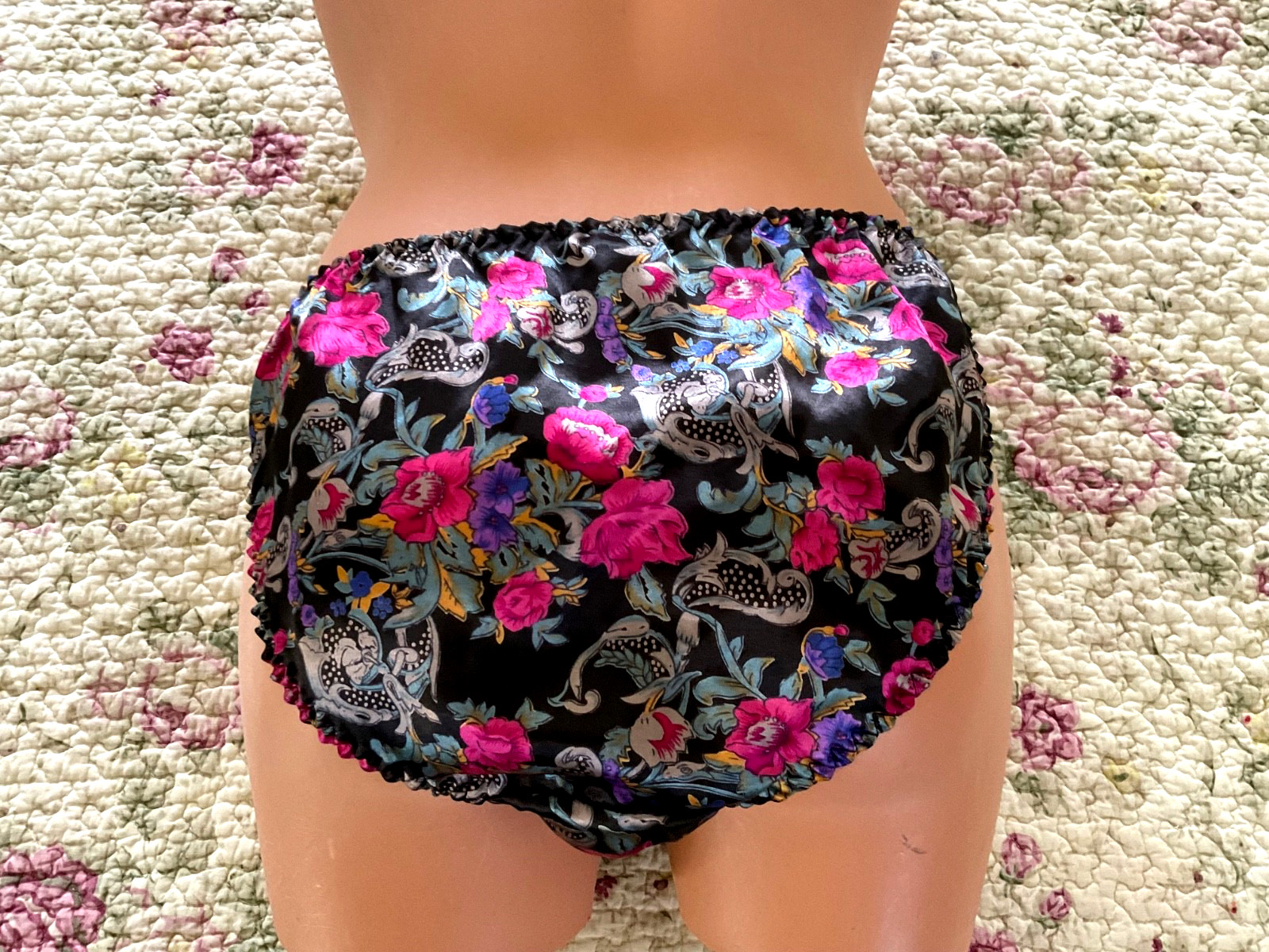 Shiny Vintage PANTIES Rose SATIN String Bikini BRIEF Silky BOW Floral Print S/5