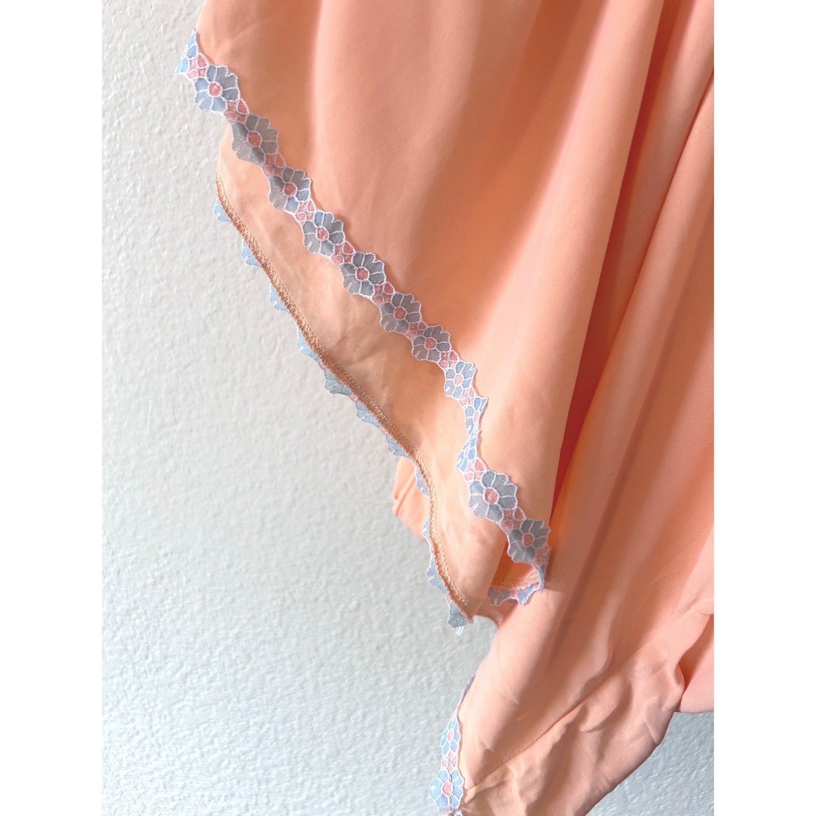 Vintage Peach Sleeveless Maxi Nightgown Slip Dress Blue Floral Lace Trim OS