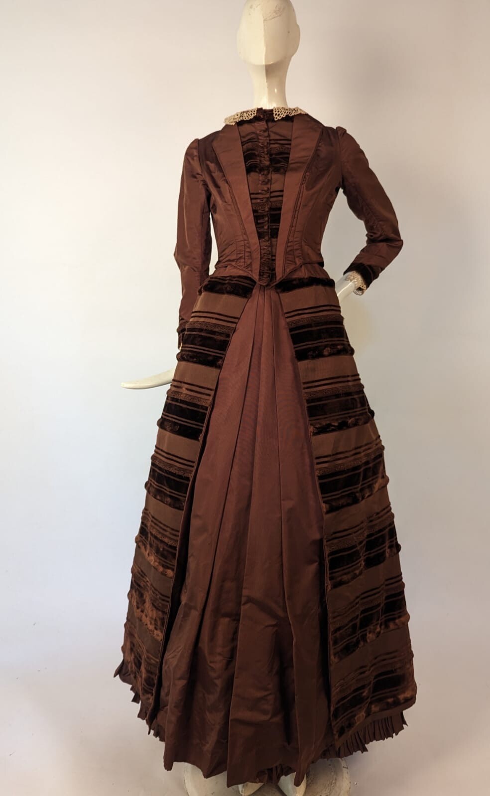 VICTORIAN 1880’S SILK BUSTLE DRESS W VELVET STRIPING + LABEL + BUILT IN BUSTLE