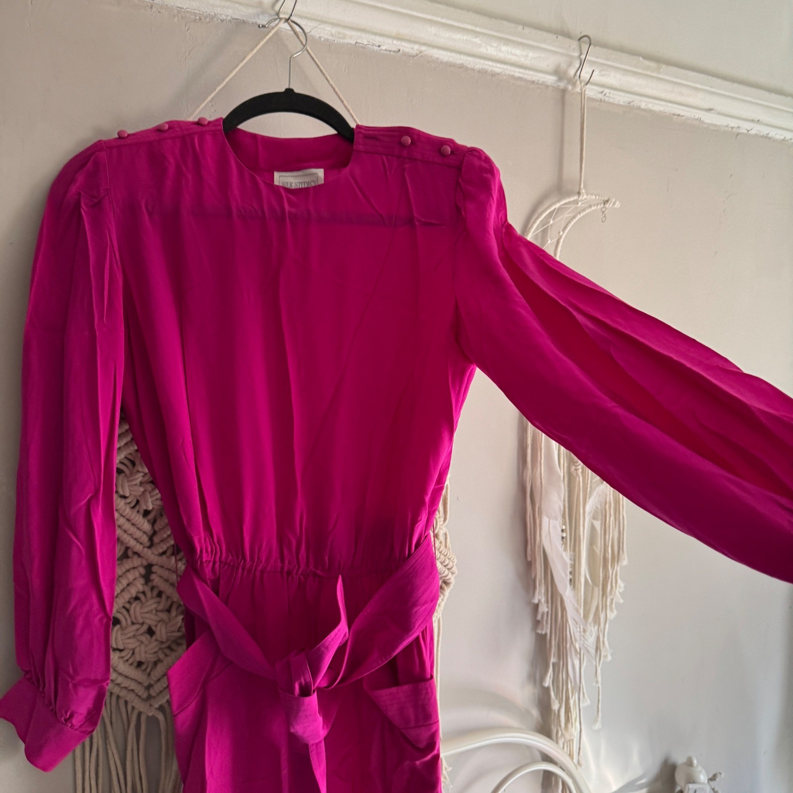 Silk Studio Vintage Fuchsia Pink 100% Silk Long Sleeve Midi Dress Size 8