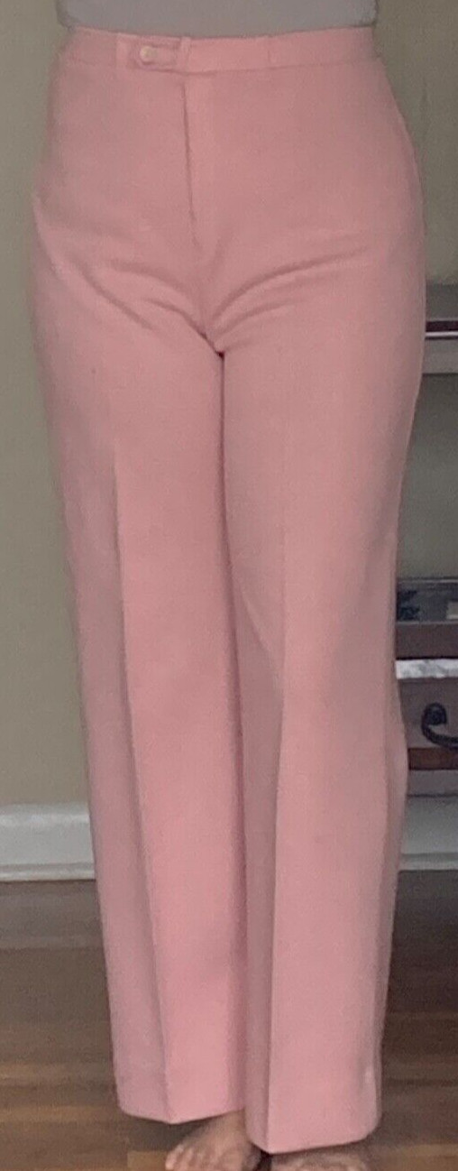Vtg 60s 70s Dusty Pink Polyester 2 Pc Wide Leg Leisure Pant Suit Blazer Womens M