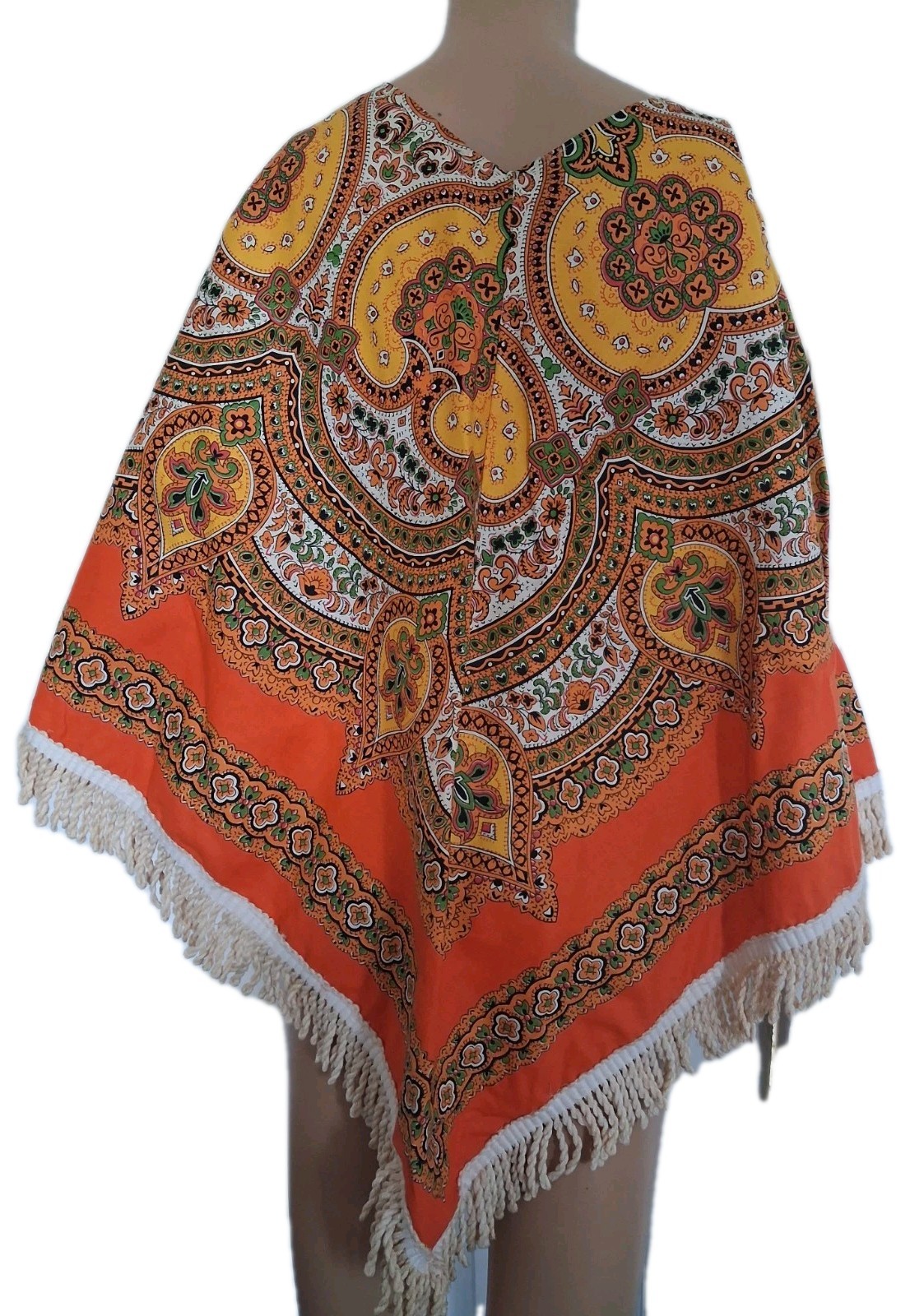 Vintage 70s Boho Hippie Fringe Poncho Shawl Orange Paisley` 50% cotton Size 3